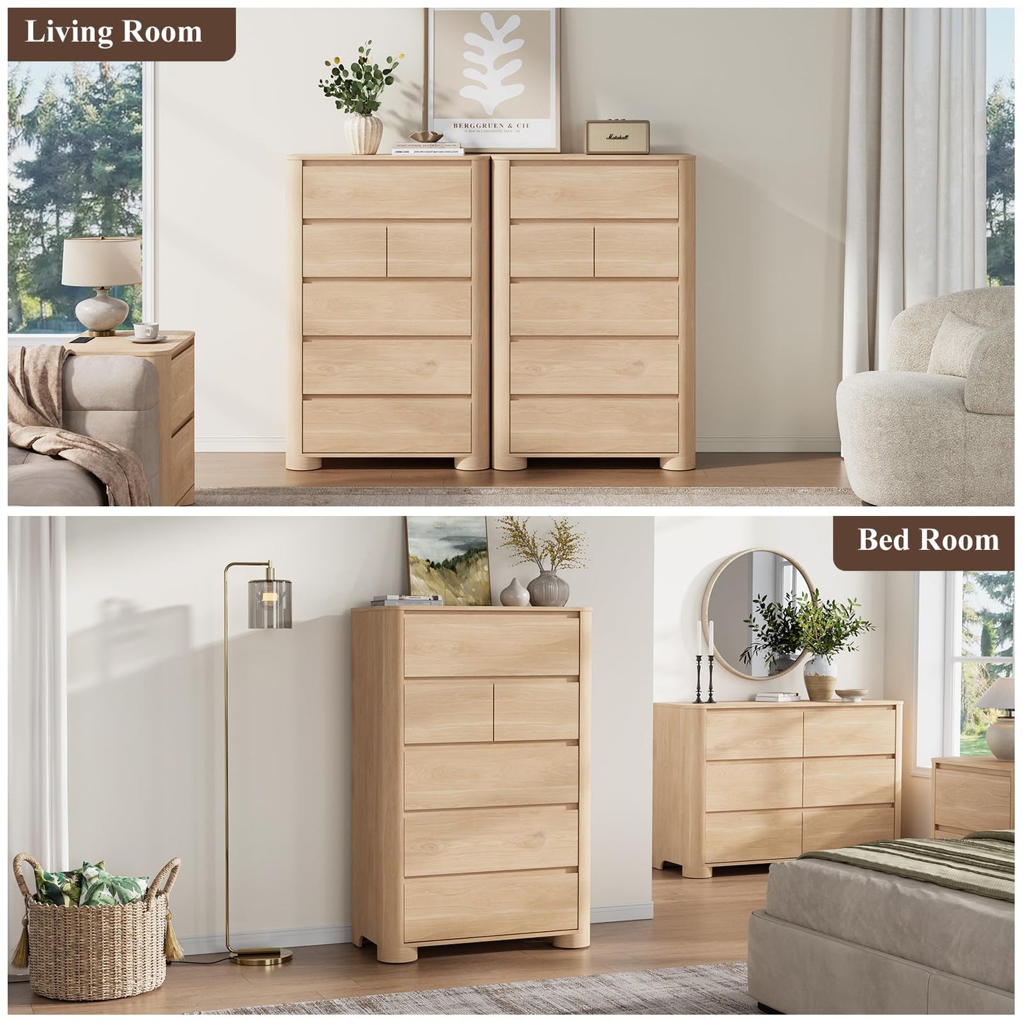YANSNWO Dresser for Bedroom with 6 Drawers, 48" Tall Modern Chest of Drawers with Unique Thickened Foot, Rounded Corner Design, Wooden Dresser Organizer for Bedroom, Living Room, Hallway, Natural Oak