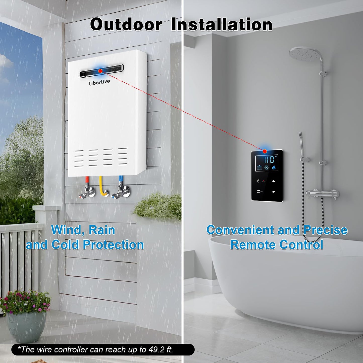 Natural Gas Tankless Water Heater, Outdoor Installation, Up to 5.3 GPM 130000 BTU On Demand Residential Natural Gas Instant Hot Water Heater Outdoor with Remote Controller, 110V,CSA Certificated,White