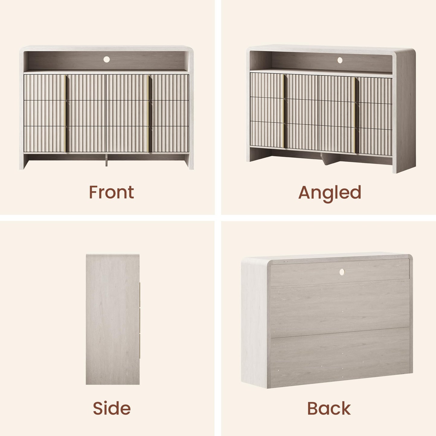 ModernMate 6 Drawer Dresser with Open Shelf, 53.2" Wide Fluted Dresser for Bedroom, Wood Chest of Drawers, Modern Storage Cabinet with Metal Handles, Anti-Tip Clothes Organizer, White Alder
