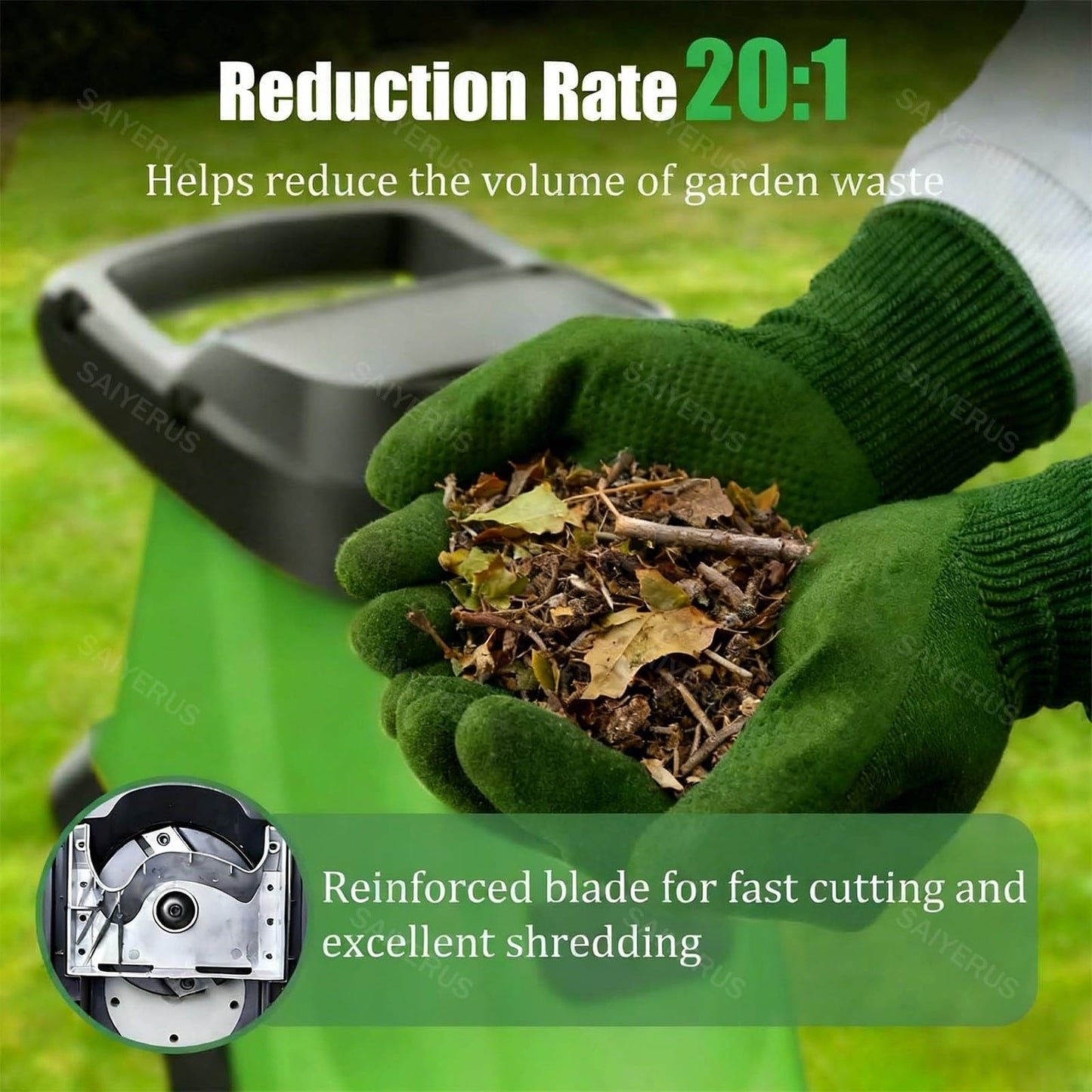 SAIYERUS 2400W Electric Wood Chipper/Shredder with Wheels Electric Garden Shredder Portable Chipping Corded Electric Yard Waste Shredding Machine with Collection Bag, 1.6" Feed Hopper, Auto Shut-Off