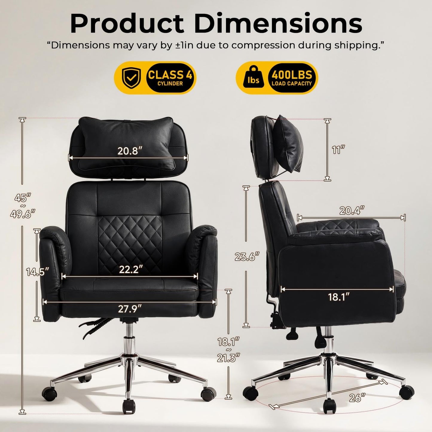 Big and Tall Office Chair - Criss Cross Leather High Back Executive Office Chair with Armrests & Wheels, Ergonomic Computer Gaming Desk Chair for Home, Makeup Vanity & Bedroom, Black, 49.6”H×22”W