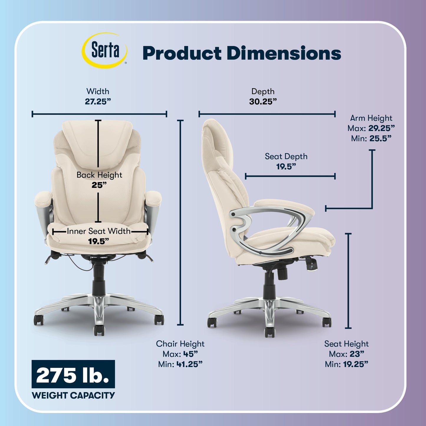 Serta Bryce Executive Office Chair - Ergonomic Computer DeskChair with Lumbar Technology - Adjustable Height - Memory Foam Body Pillows - 360° Swivel Rolling Base - Bonded Leather - Cream