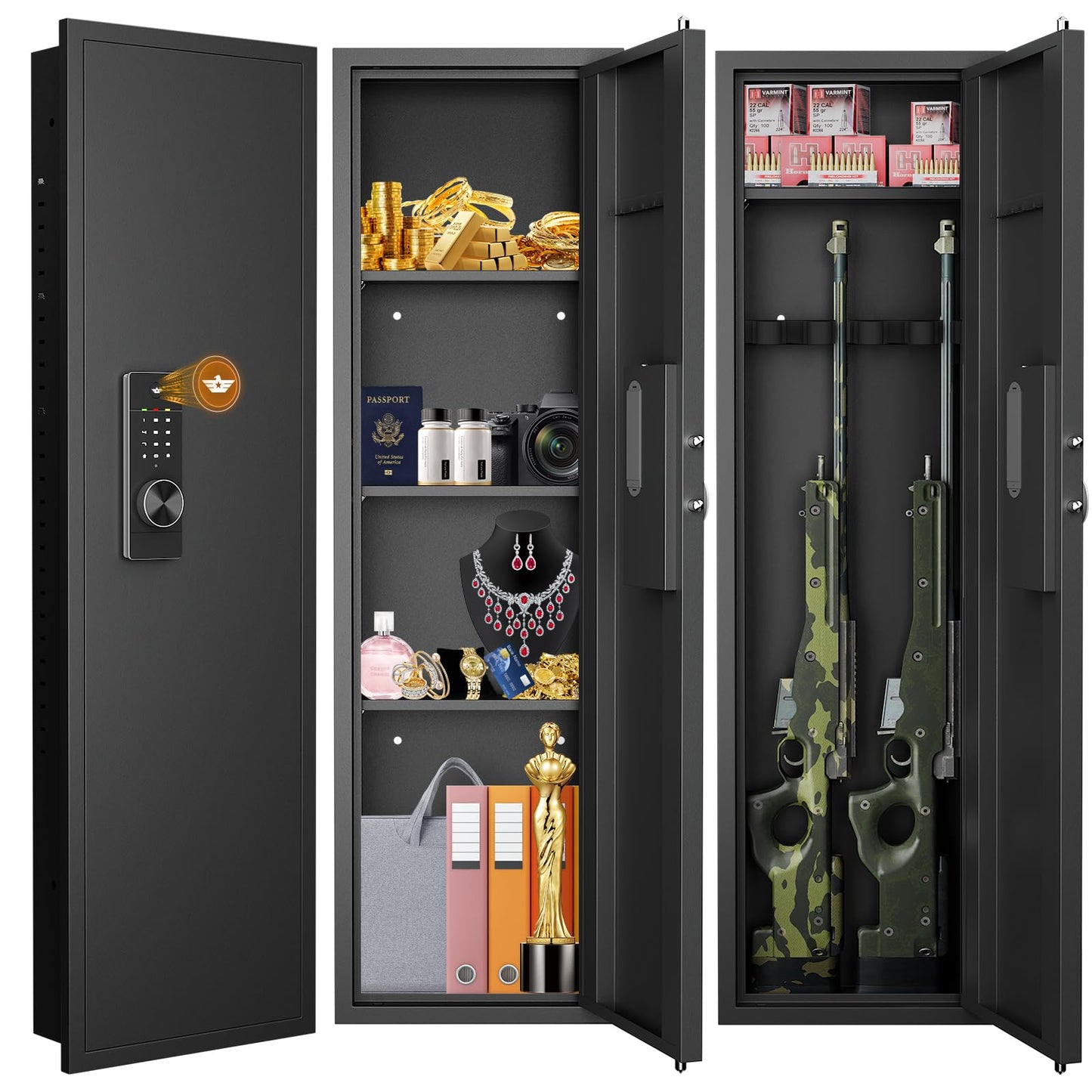 Omethey 53.15" Wall Safe Between the Studs, Hidden Safe with Dual Alarm System and Silent Mode, Wall Gun Safe with 3 Adjustable Shelves and Magnetic Slot (Black-Digital)