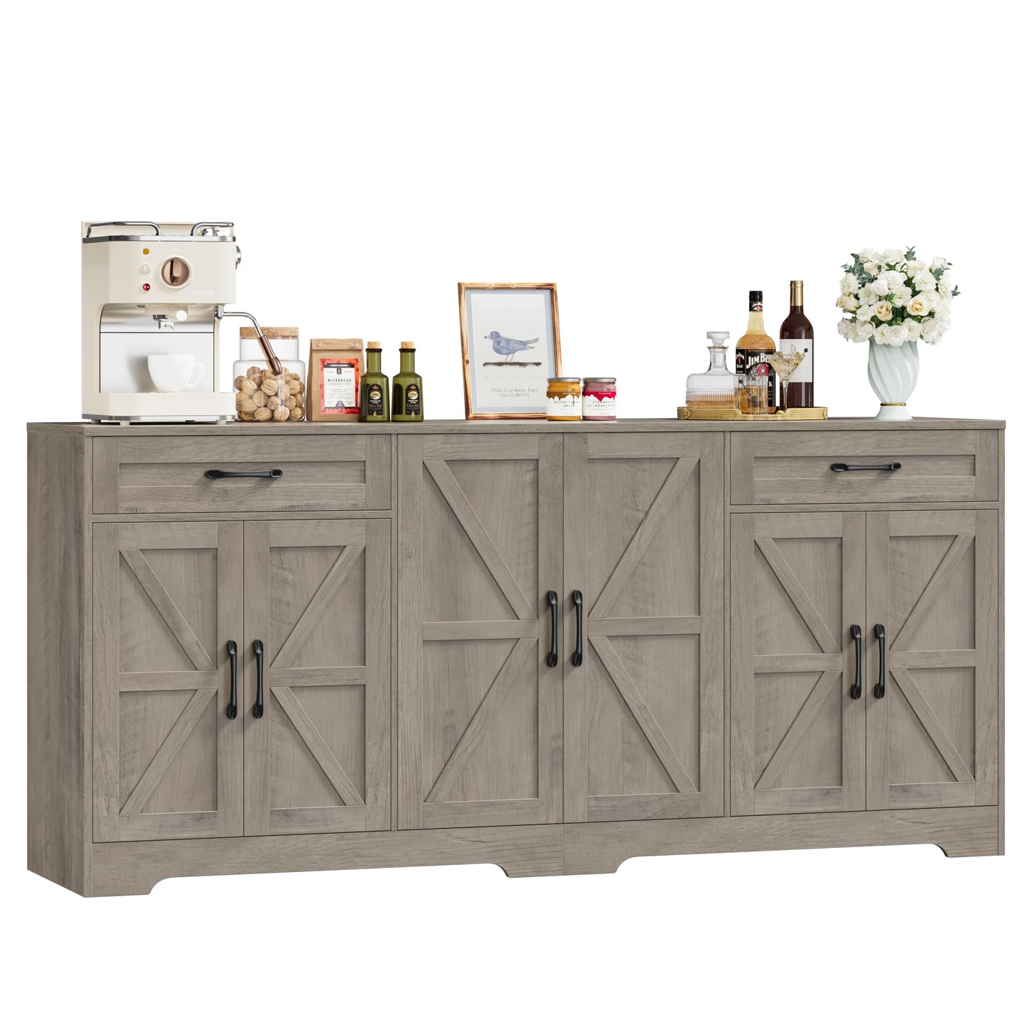 BOTLOG 71” Large Sideboard Buffet Cabinet with Storage, Farmhouse Kitchen Buffet Cabinet with Adjustable Shelves and 6 Barn Doors, Wood Coffee Wine Bar Console Table, White, Ash Grey (Ash Grey)