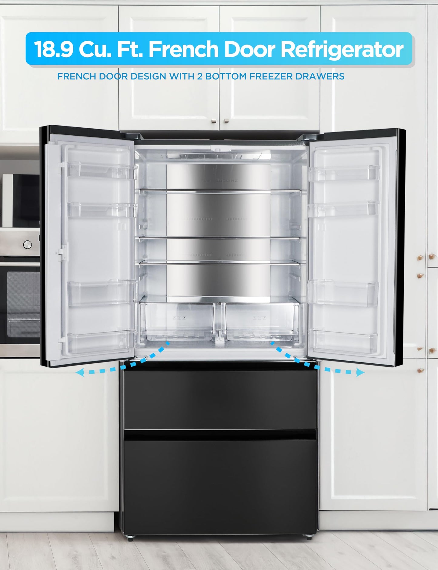 Commercial Cool 18.9 Cu. Ft. French Door Refrigerator, 33 Inch Wide Refrigerator with 2 Bottom Mount Freezer Drawers, Frost Free, LED Lighting, Digital Temperature Control, CCRF1890KB, Black