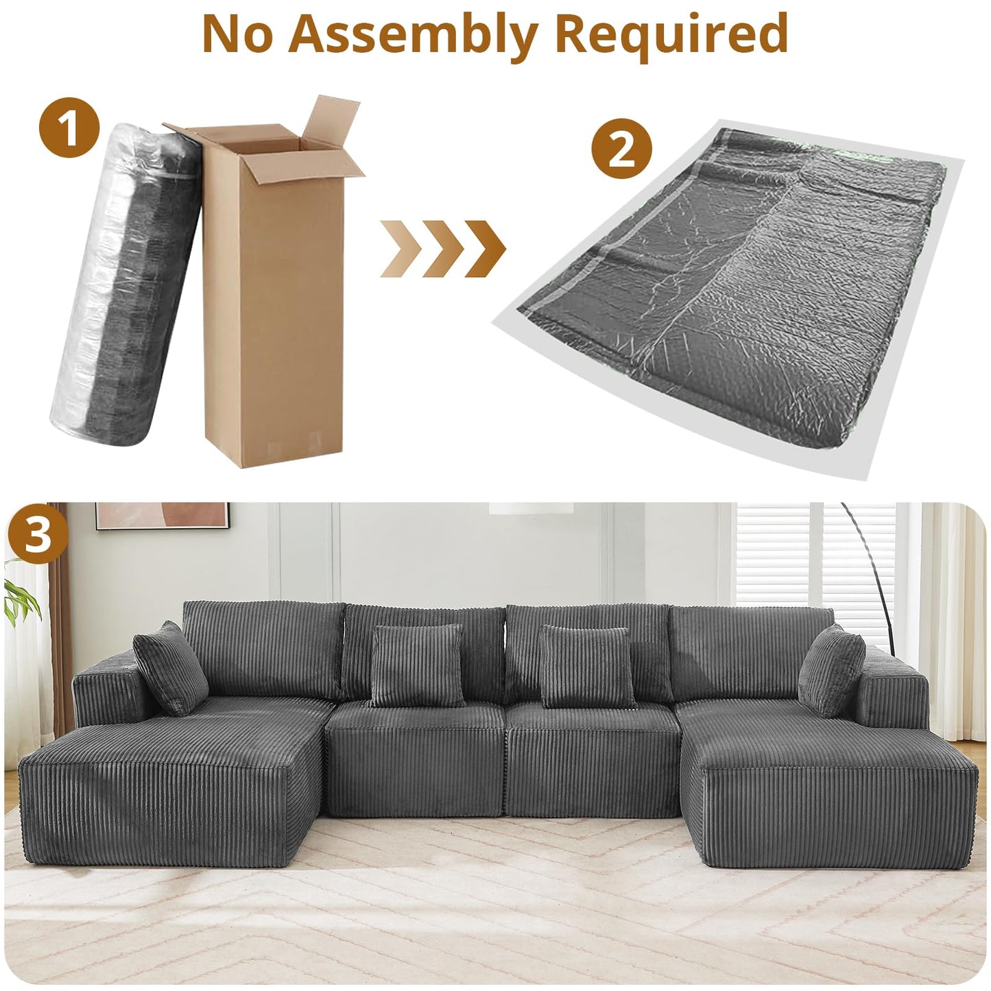 137" Modular Sectional Sofa, U-Shape Cloud Couch with Chaise, Deep Seat, Armrests and Plush Corduroy Fabric, No Assembly Required, Boneless Compression Sectional Couch for Living Room, Grey