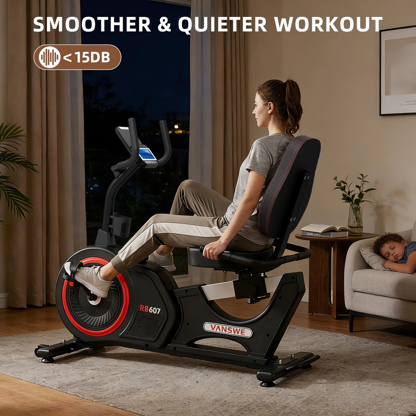 VANSWE Recumbent Exercise Bike for Seniors, Recumbent Stationary Bikes for Home with 450 LBS Weight Capacity, Backlit Monitor with 19 Built-In Programs, Bluetooth App Connectivity and 16-Level Electronically Controlled Magnetic Resistance