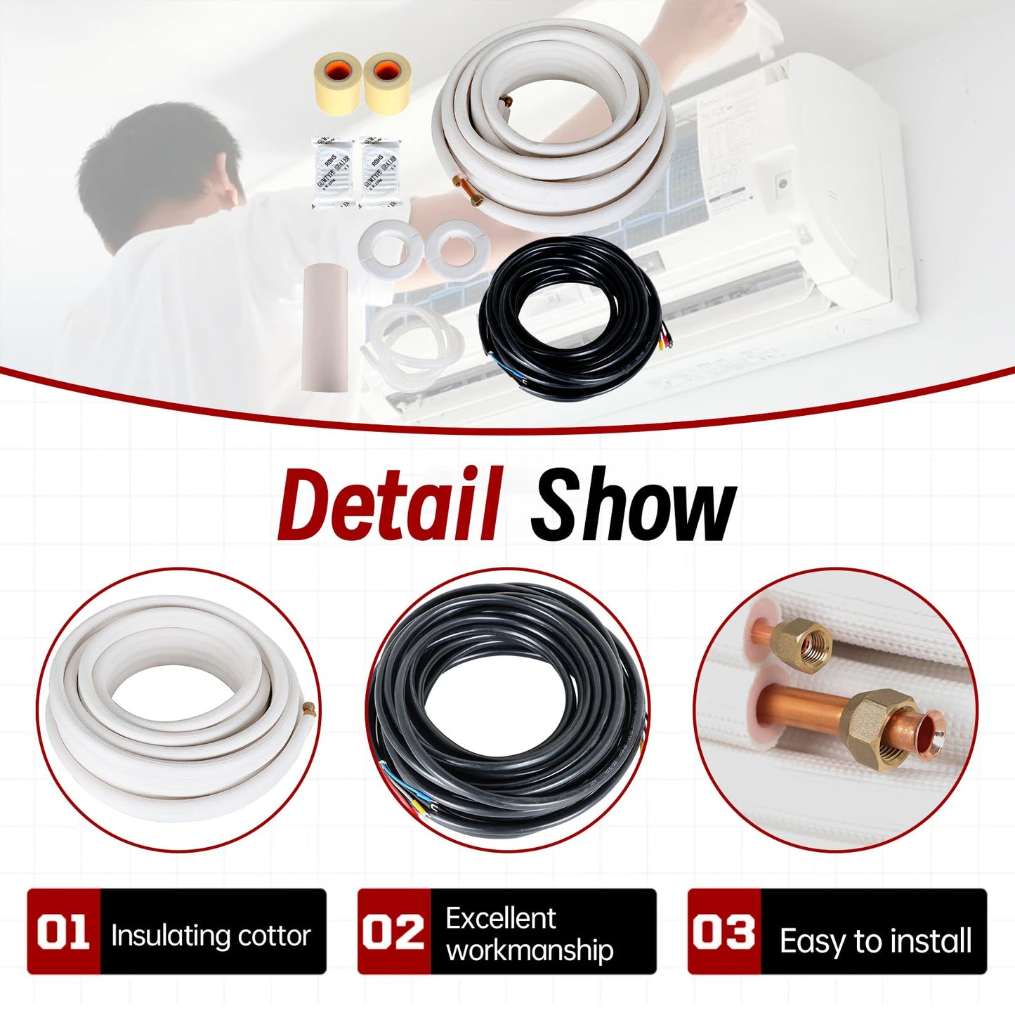 50FT Air Conditioning Tubing Hose Extension 1/4 and 1/2 Inch Insulated Copper Hoses Fit for Mini Split Air Conditioner