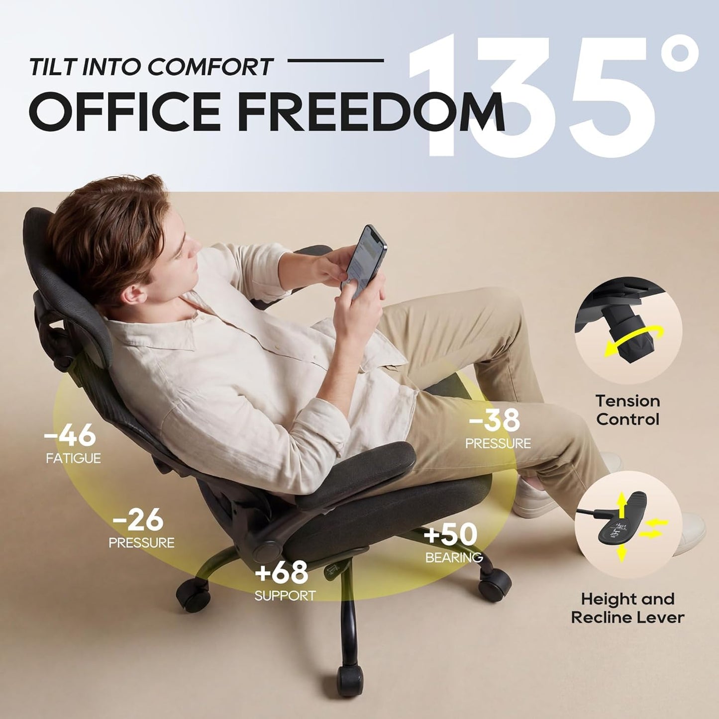 Ergonomic Office Chair, High Back Mesh Office Chair with Adjustable Lumbar Support, Flip-Up Armrests, Swivel Computer Desk Chair for Home Office
