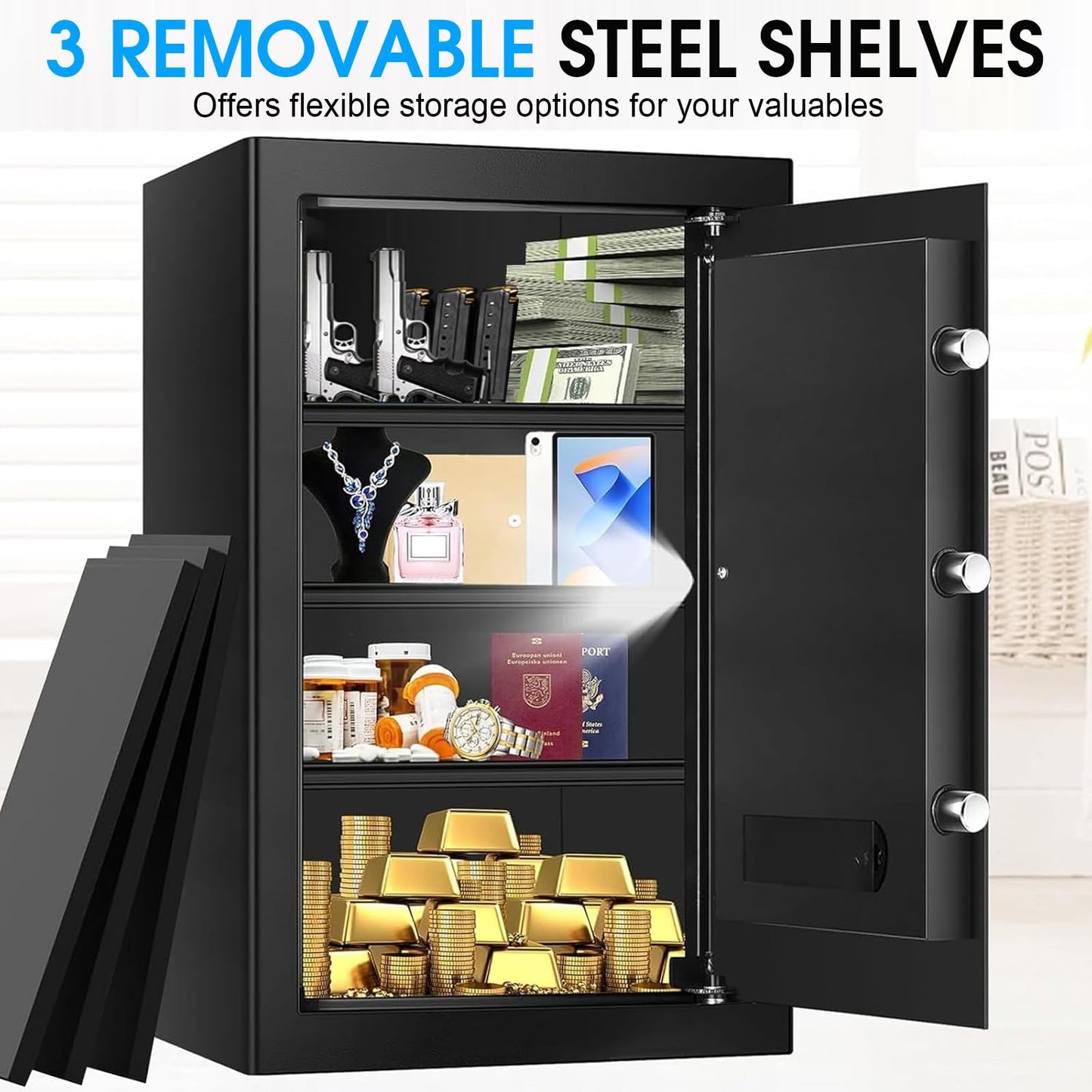 6.1 Cuft Extra Large Fire Safes for Home, Digital Fireproof Safe with Programmable Keypad, Spare Keys and 3 Removable Shelves, Anti-Theft Security Waterproof Document Safe Box for Money Valuables