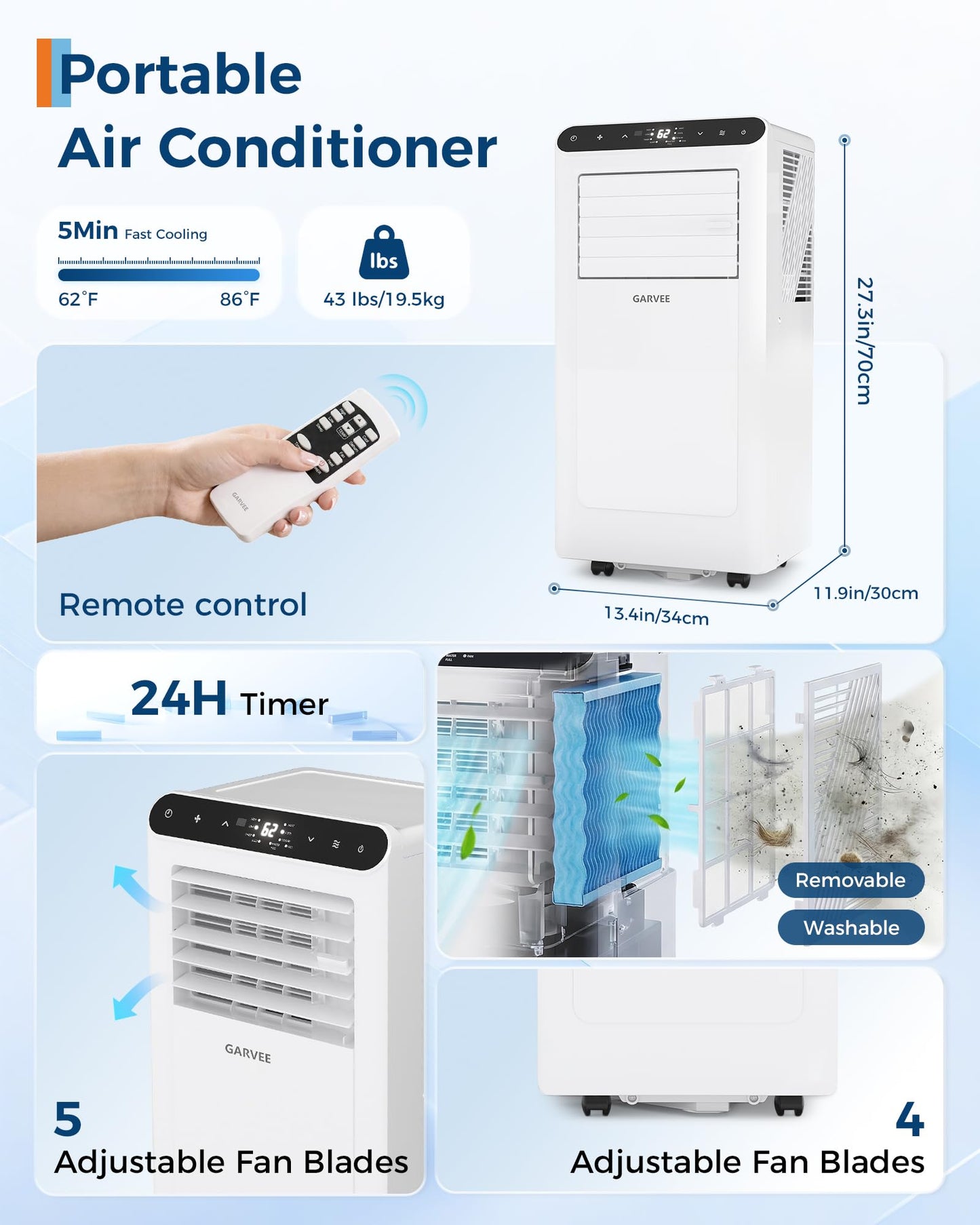 Garvee 8000 BTU Portable Air Conditioner,Up to 350 Sq.Ft. Remote Control 48dB Portable AC Unit, Dehumidifier, Fan, Sleep, 24H Timer&Installation Kit, DOE Certified, Ceer 6.2,White+White Panel