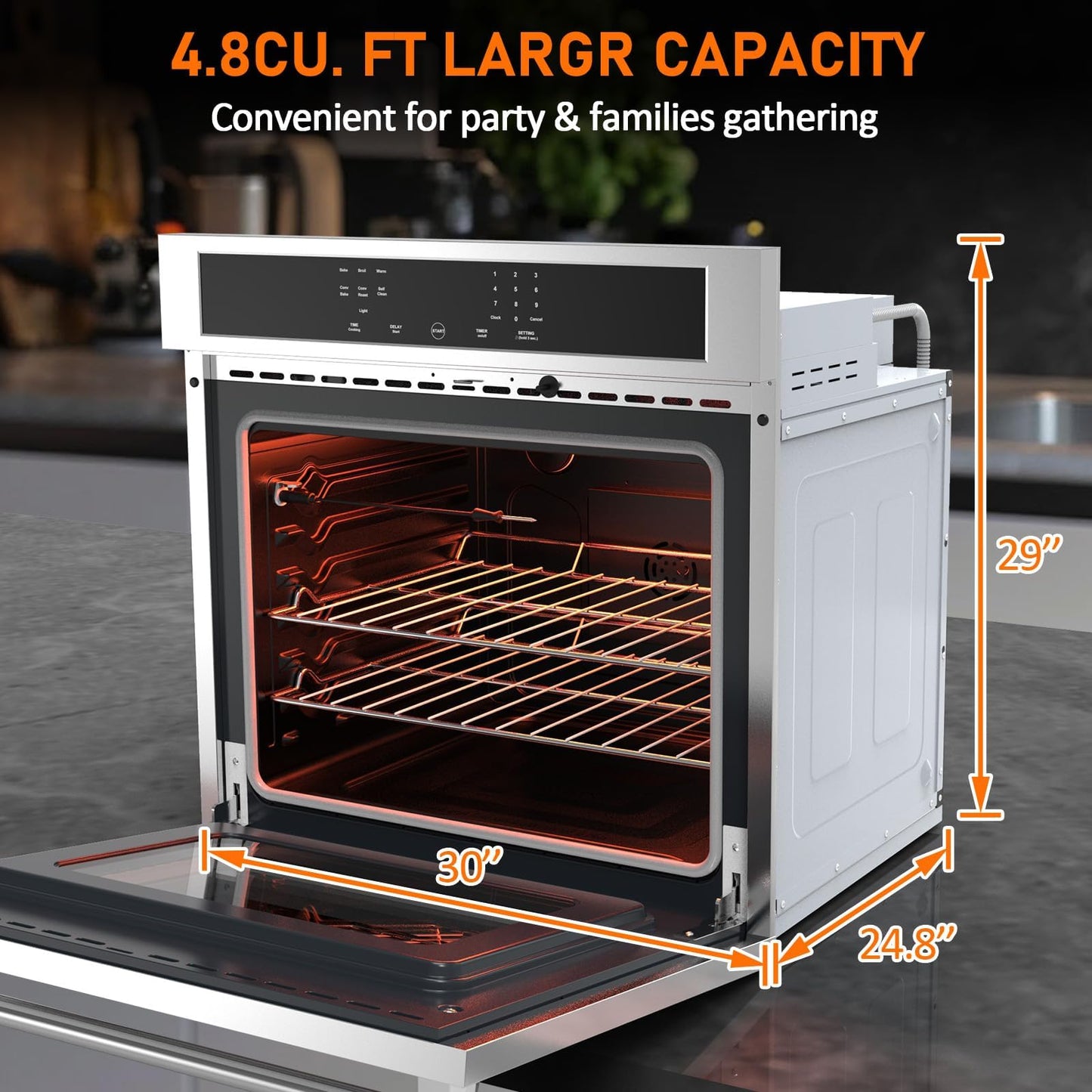 GarveeHome Wall Oven 3800W 30 in Single Wall Ovens Electric Built-in Convection Oven, 4.8 Cu.Ft. Broil Bake Roast Function, Safety Lock, LED Display, Touch Control, Timer for Kitchen Cabinetry