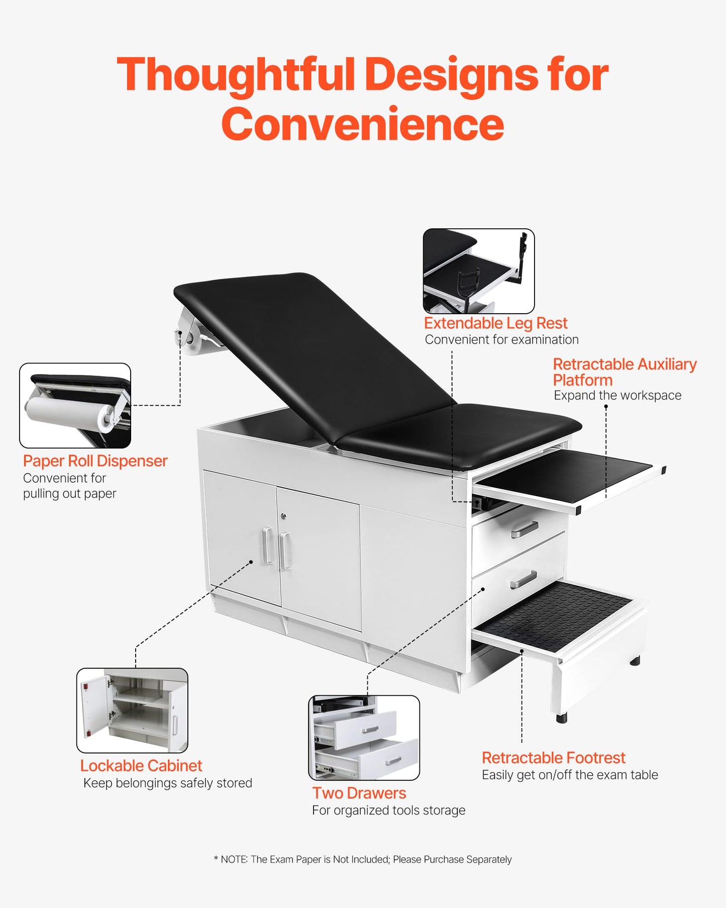 VEVOR Pro Medical Exam Table, Medical Examination Bed with Adjustable Backrest, Physical Therapy Exam Table with Locking Cabinet, 2 Drawers, Paper Roll Dispenser, Step Stool & Leg Rest, 500LBS Loading