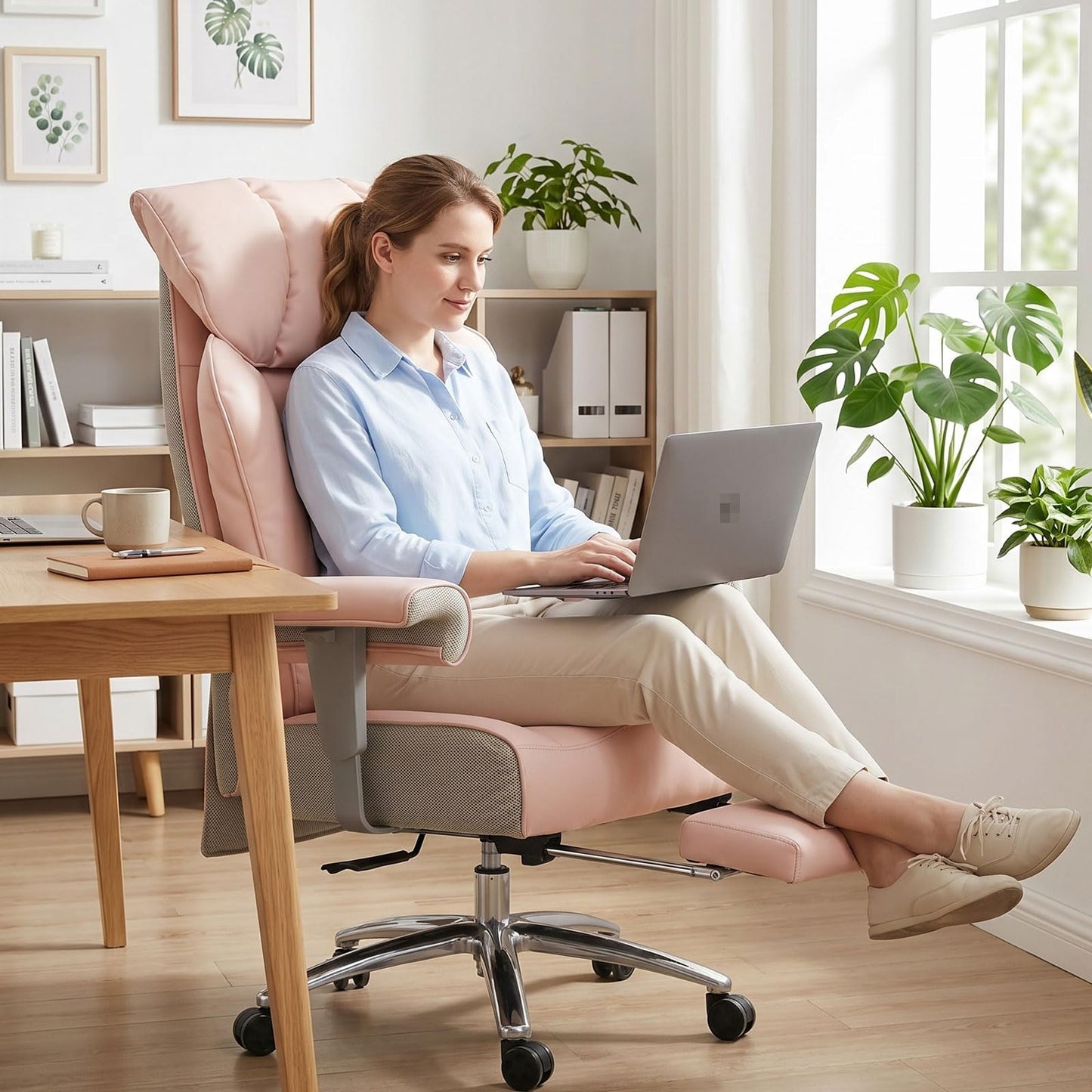 Efomao Big & Tall Pink Executive Office Chair 400lbs, Extra Wide 23.2" PU Leather Desk Chair for Women with Footrest, Pocket Spring & Adjustable Arms for Home Office