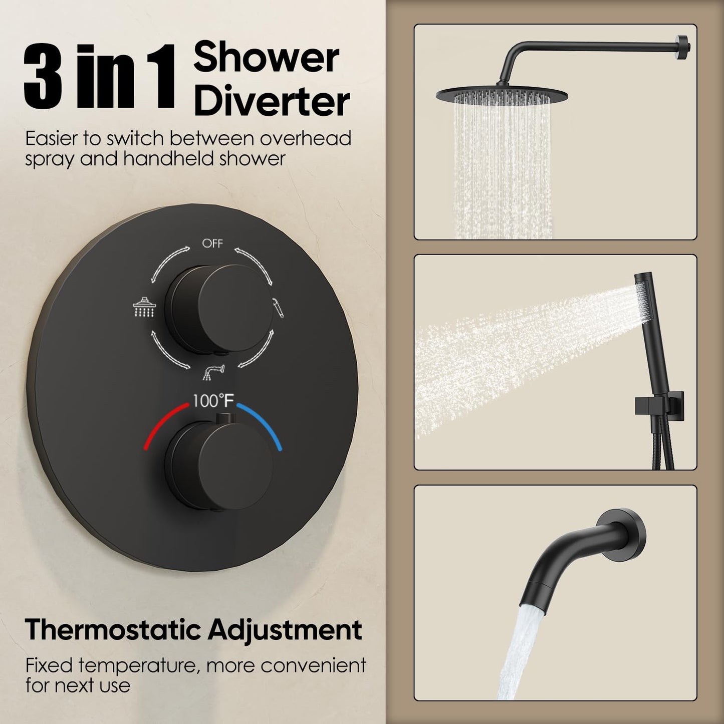 Gabrylly Thermostatic Shower System with Tub Spout, All Metal Bathtub Shower Faucets Set with Anti Scald Shower Valve, High Pressure 10" Rain Shower head with Handheld Spray Combo, Matte Black
