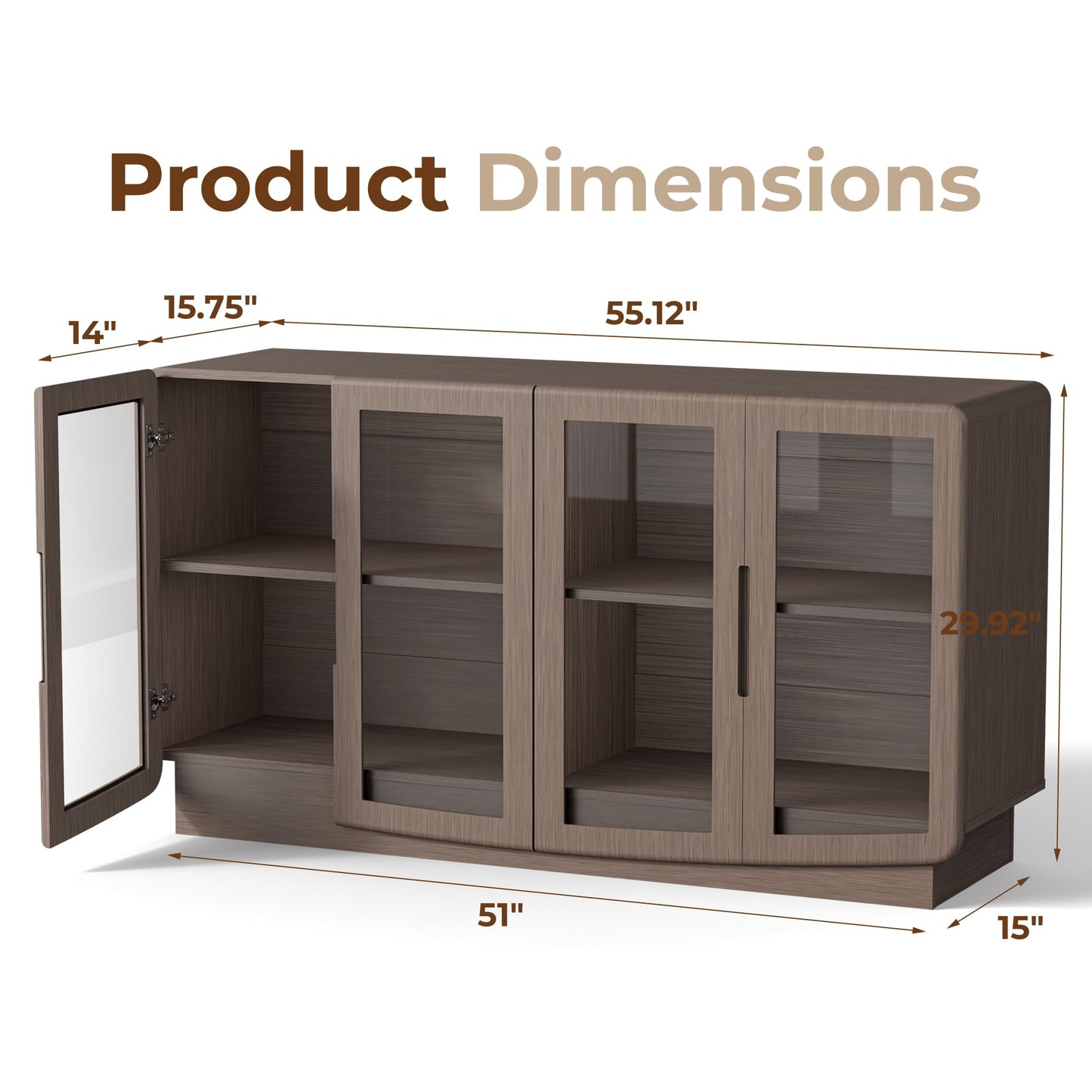 Trygoal 55" Walnut 4 Glass Door Sideboard Credenza, Modern Storage Buffet with Shelves, Multi-Use Coffee Bar Console for Kitchen Living Room Entryway
