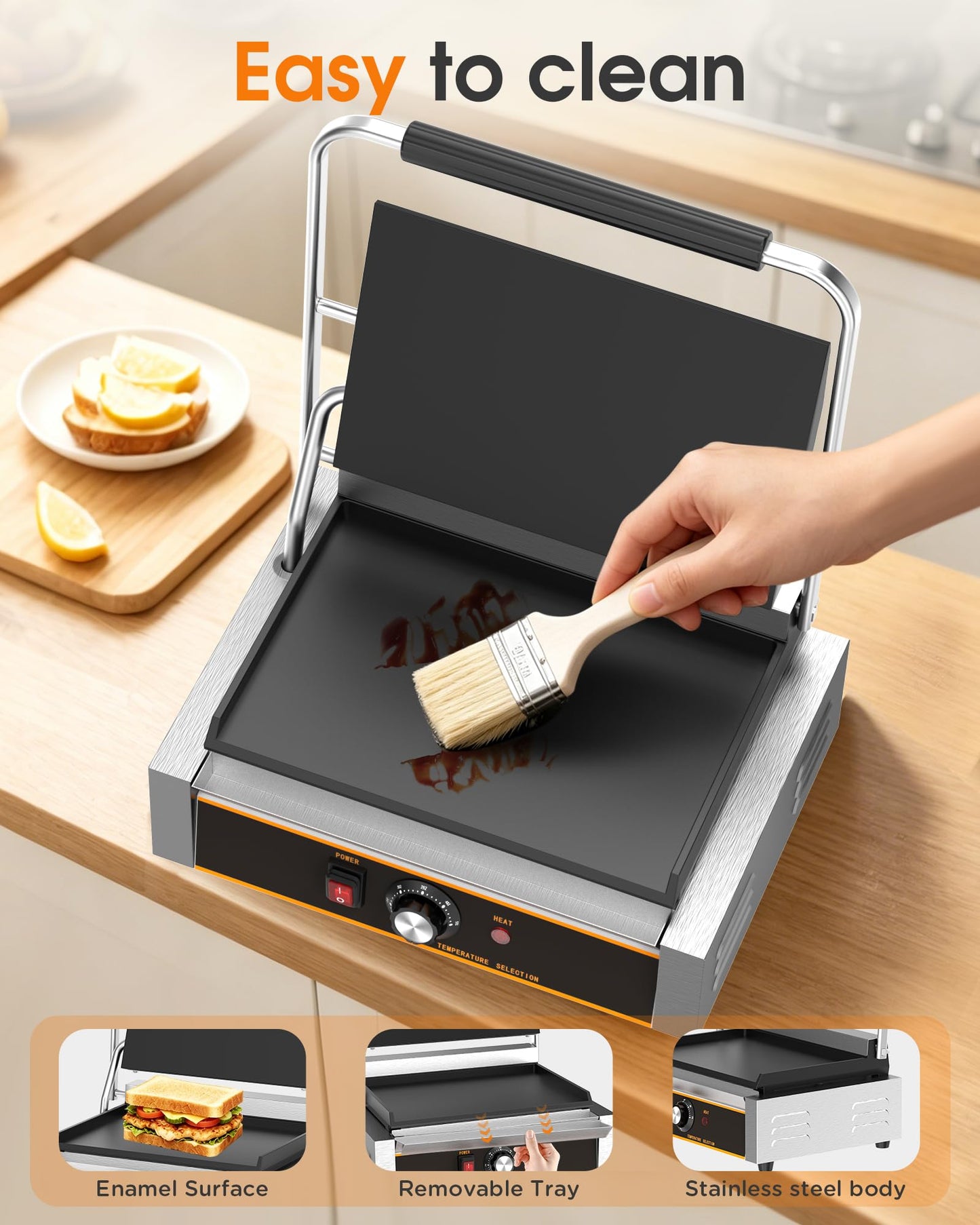 Popfoodex Commercial Panini Press - 2200W Electric Panini Sandwich Grill w/Nonstick Coating & Adjustable Temp, Stainless Steel, Panini Grill Press w/14"x9" Cooking Pan (Full Flat),Double-sided Heating