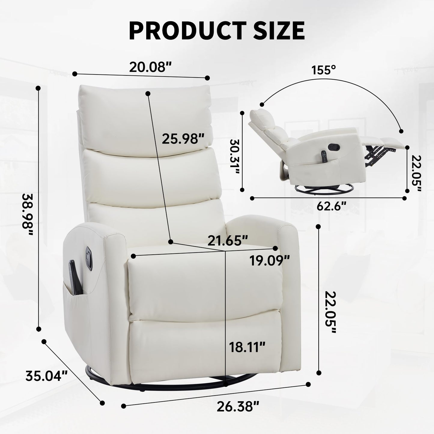 KEIKI 4-in-1 Manual Swivel Rocker Recliner Chair for Home Living Room, Faux Leather Chair with Back Massager & Heat, Home Theater Seating with Lumbar Support, Cozy Reading Chairs for Adults, White