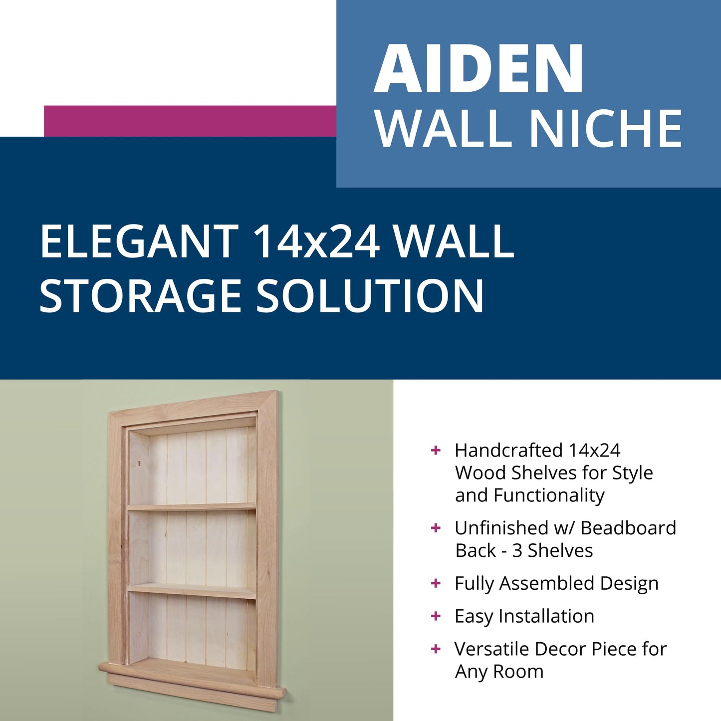 Fox Hollow Furnishings 14x24 Aiden Recessed Wall Niche Medicine Cabinet Replacement, in The Wall Bathroom Cabinet Insert Shelf/Shelves, Made in North America, Real Wood, NO MDF, Beadboard, Unfinished