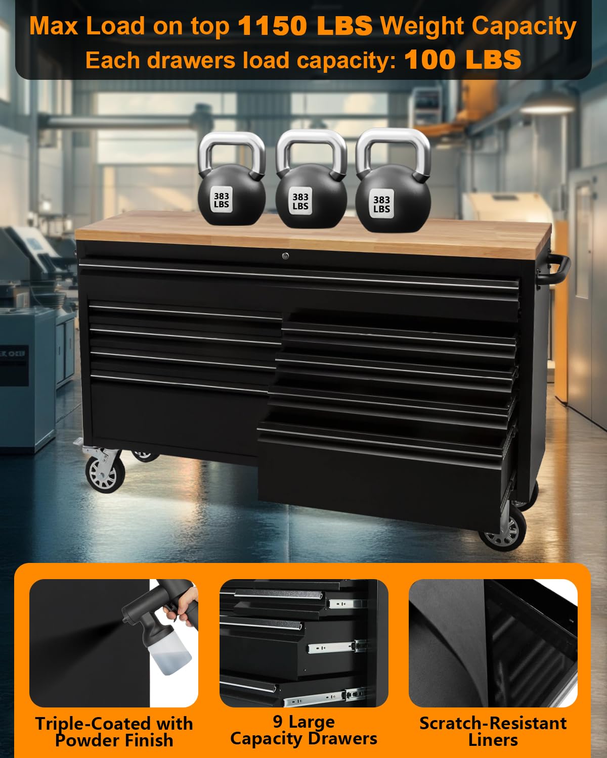 ExploreHorizon 61-Inch Heavy-Duty Rolling Tool Chest & Mobile Workbench with 9 Drawers, Steel Storage Cabinet with Rubber Wood Top, Key Lock, Drawer Liners and Wheels for Garage, Workshop, Black