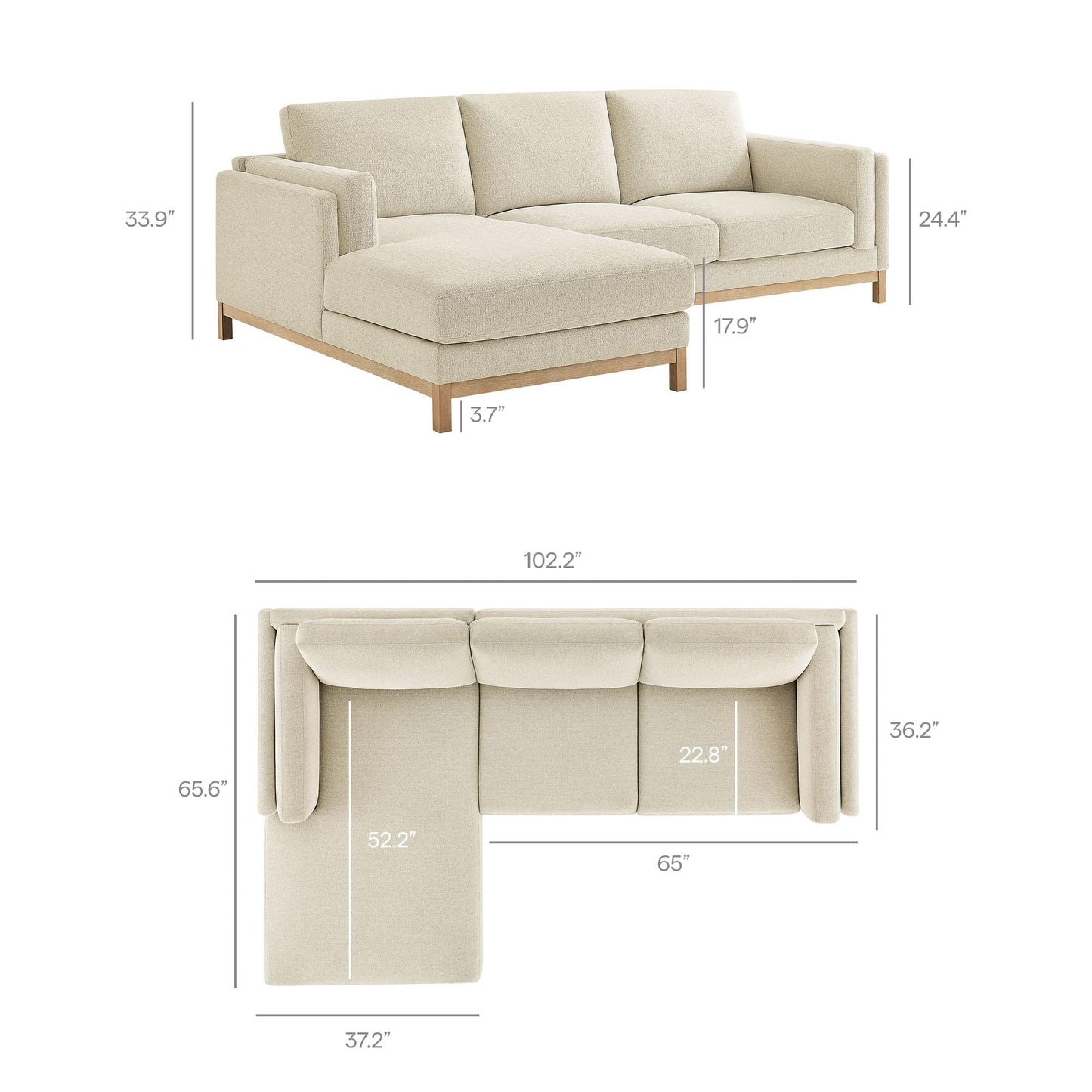 Modway Roscoe Left-Facing Sectional Sofa with Chaise in Ivory - 2-Piece Mélange Chenille Fabric Deep Seat Couch, L Shaped Modular for Living Room or Lounge