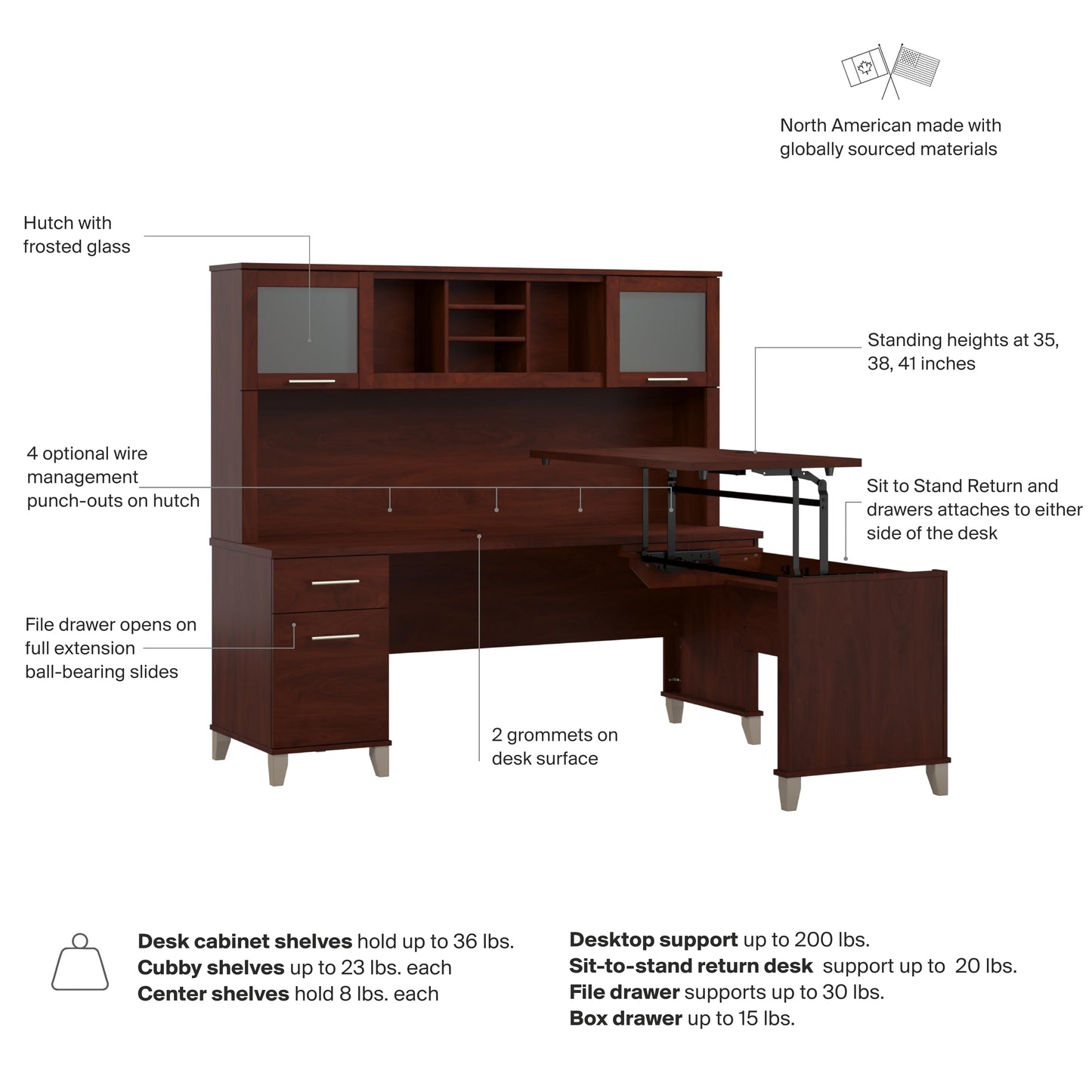 Bush Home 72-Inch L-Shaped Sit to Stand Desk with Hutch, Adjustable Height Standing Corner Computer Desk with Drawers, Shelves and Storage Cabinet, Home Office, Somerset Collection, Hansen Cherry