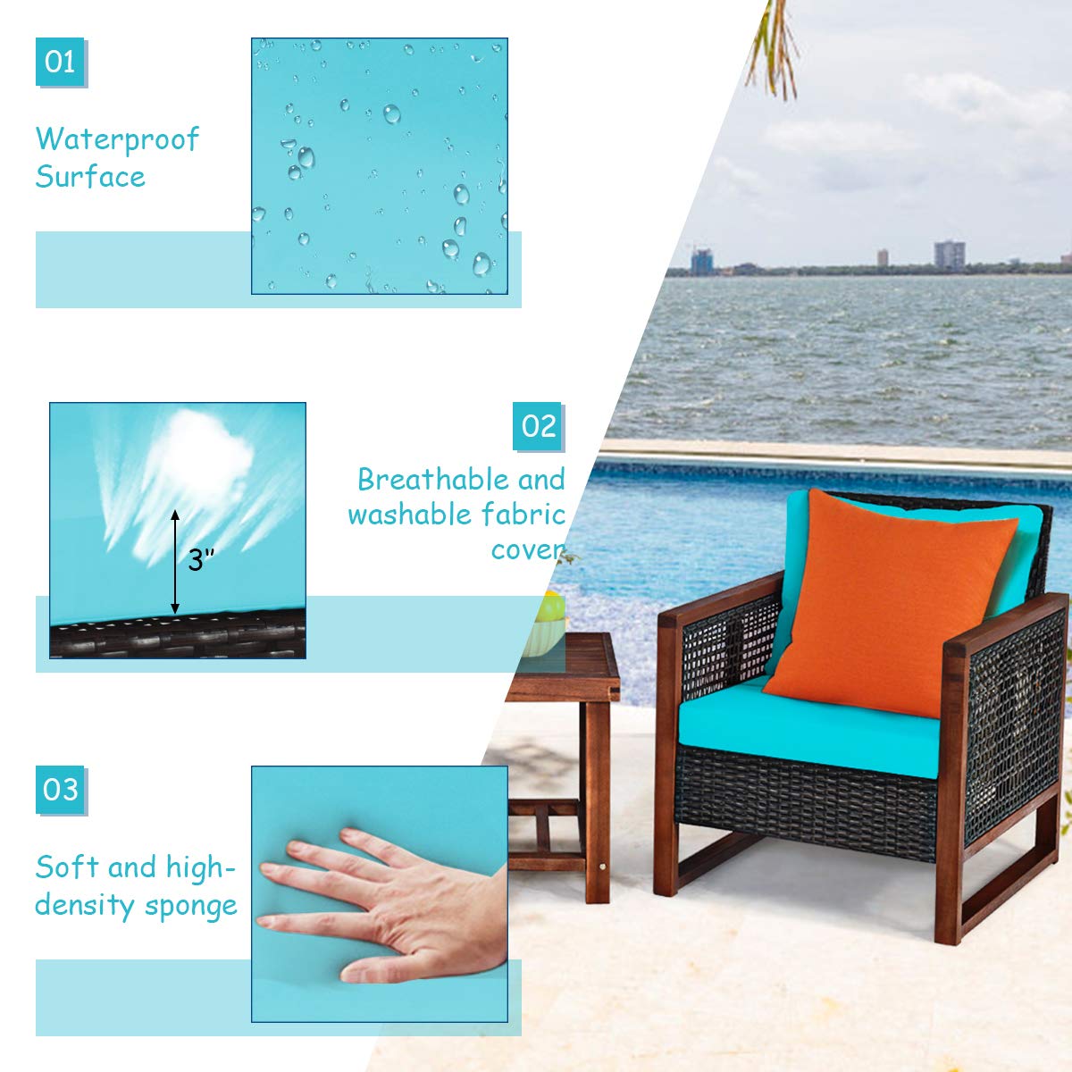 Tangkula 3 Pieces Patio Wicker Furniture Set, Rattan Outdoor Sofa Set w/Washable Cushion & Acacia Wood Coffee Table, Conversation Bistro Set for Garden Balcony Backyard (Turquoise)
