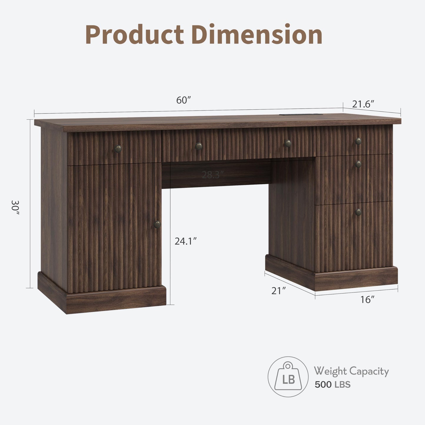 Garvee 60" Office Desk with Storage & Drawers. Fluted Wood Computer Desk with Power Outlet & Adjustable Shelves.Modern Executive Desk for Home Office/Bedroom/Gaming-Brown
