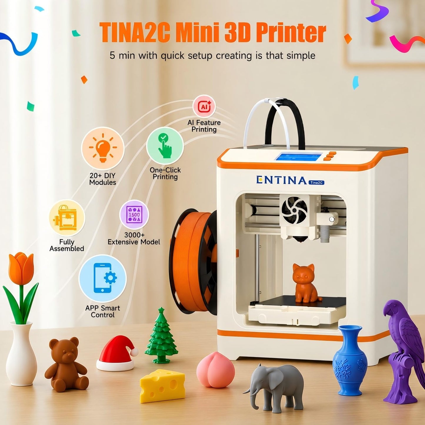Entina Tina2C Mini 3D Printer for Kids & Beginners – Fully Assembled, Ready in 8 Minutes, App & WiFi Control, 3000+ Models, 20+ DIY Modules, Auto Leveling, High Precision for Home & STEM Learning