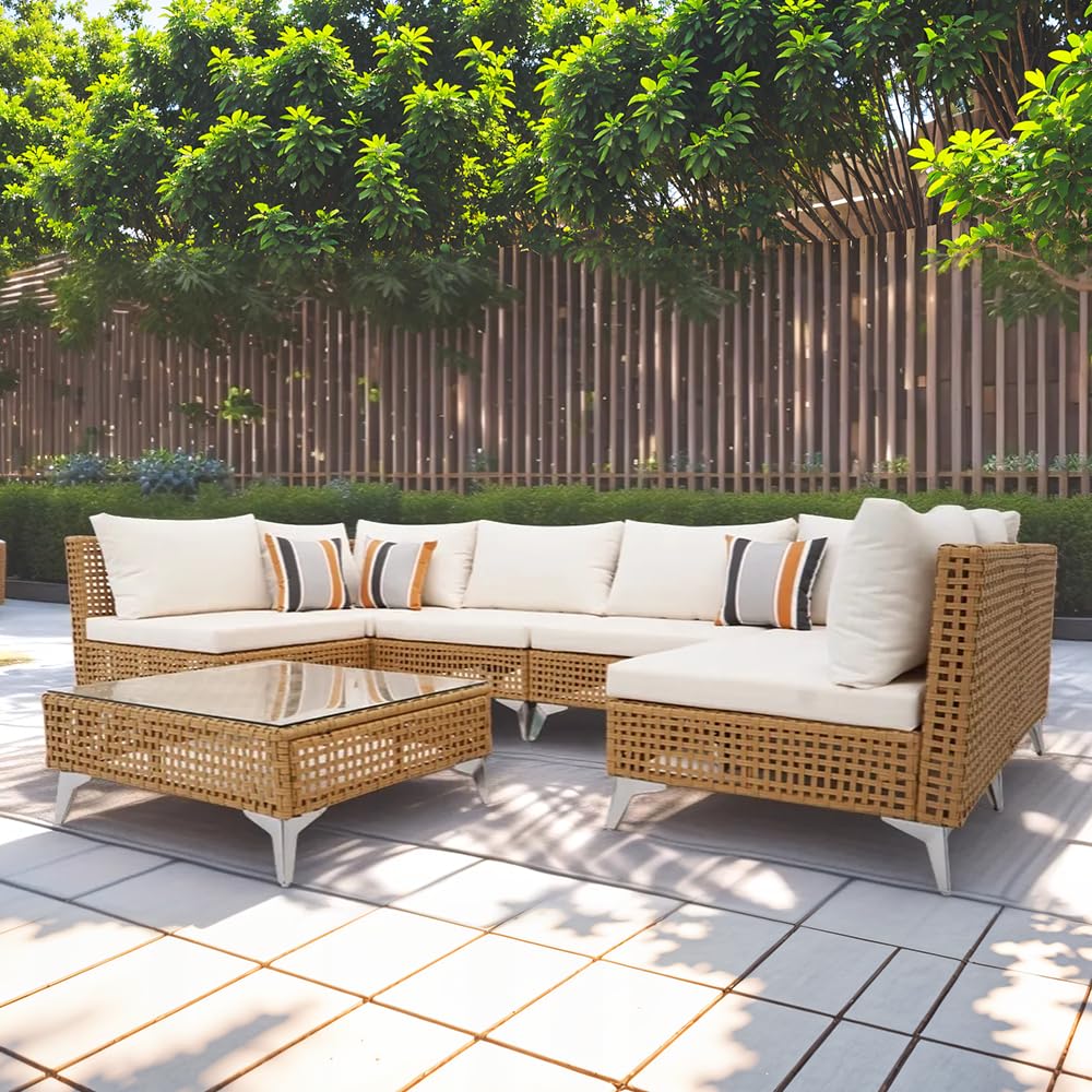 Merax 7 Piece Outdoor Patio Furniture Sets - 8-Seat PE Wicker Sectional Sofa w/Rattan Chaise Lounge & Thick Cushions, 29" Coffee Table w/Glass Top for Garden, Couch, Porch, Backyard Beige