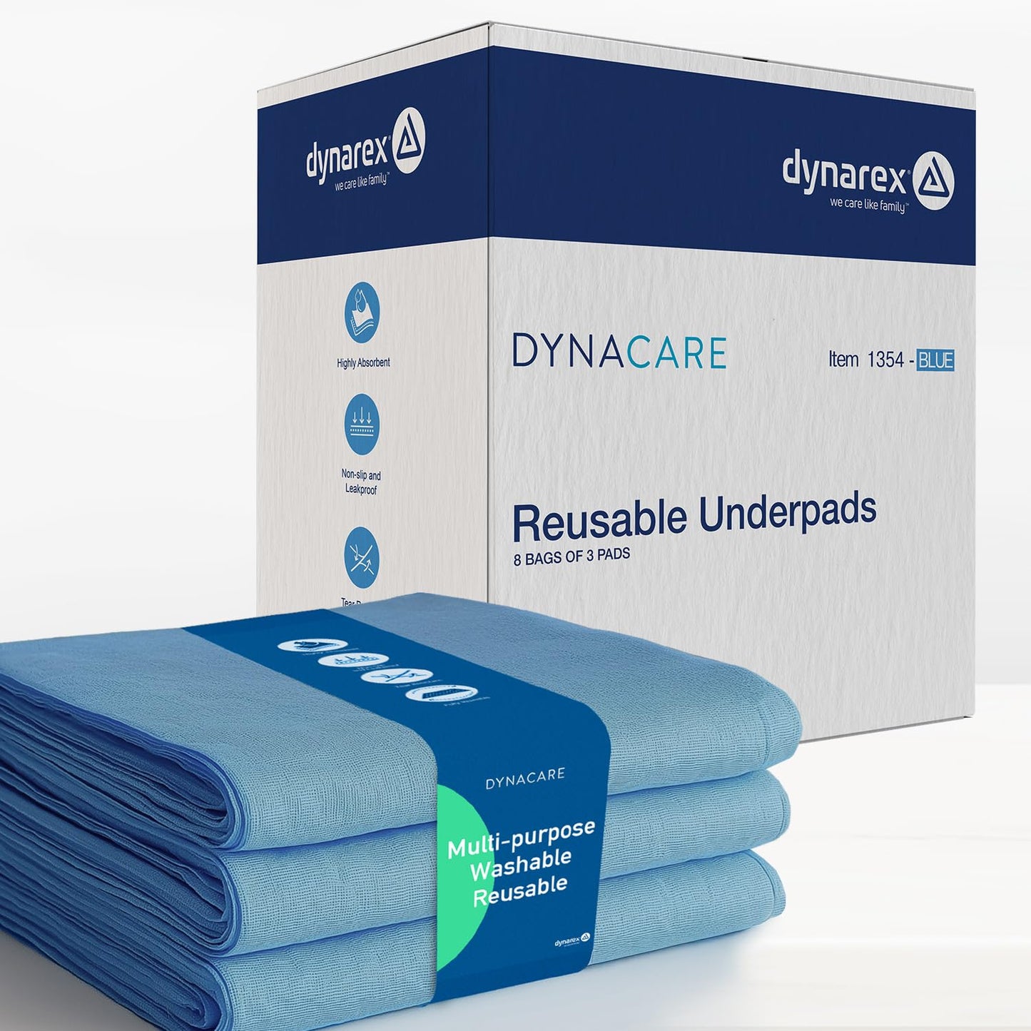 Dynarex Incontinence Bed Pads - Reusable & Washable Waterproof Pee Pads for Kids, Adults, Elderly - 1 Case - 8 Boxes of 3 Pads - 34" x 52", Blue