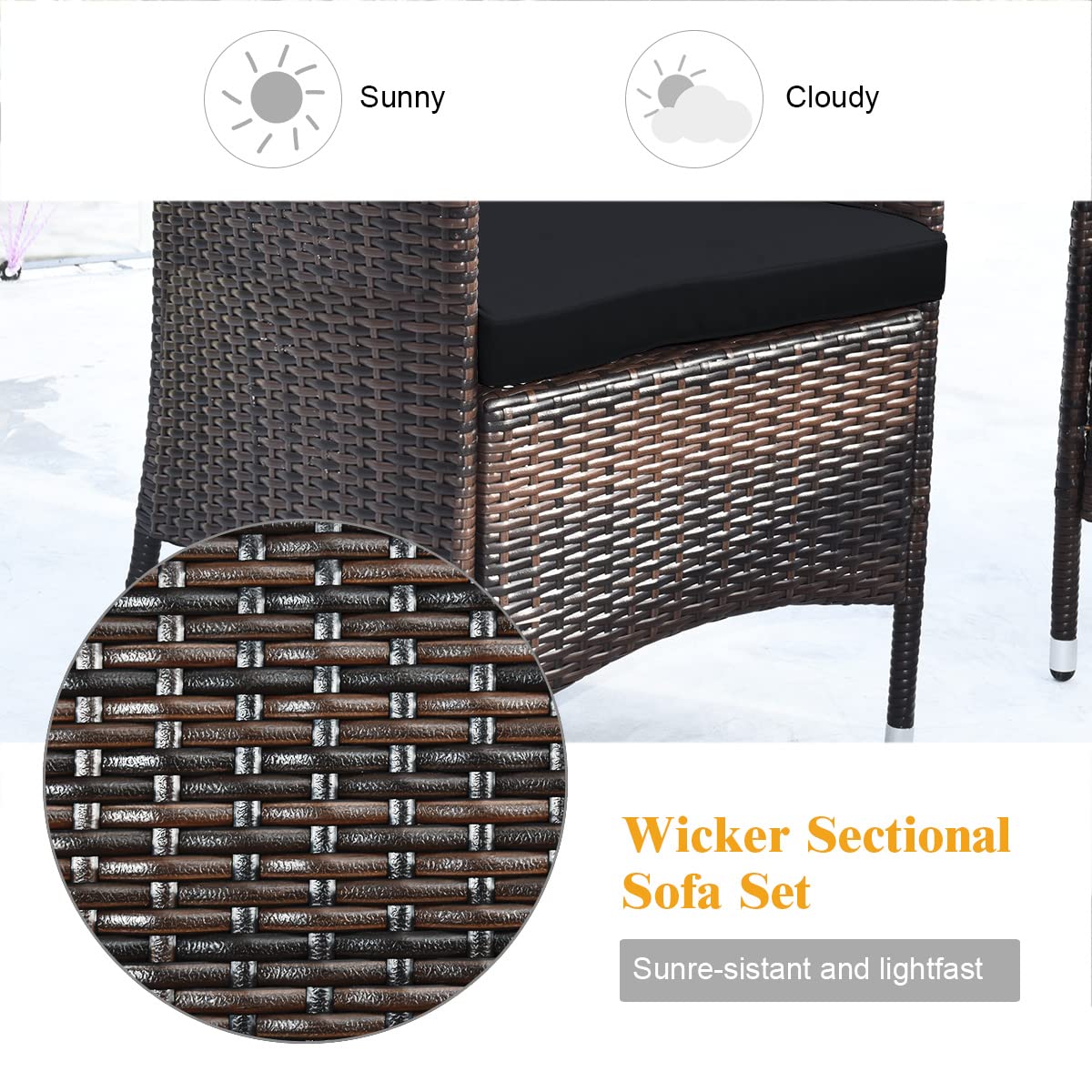 COSTWAY 8PCS Rattan Patio Furniture Set, Outdoor Wicker Rattan Chairs with Coffee Table, Rattan Cushioned Conversation Set for Backyard Balcony Porch Poolside, Black