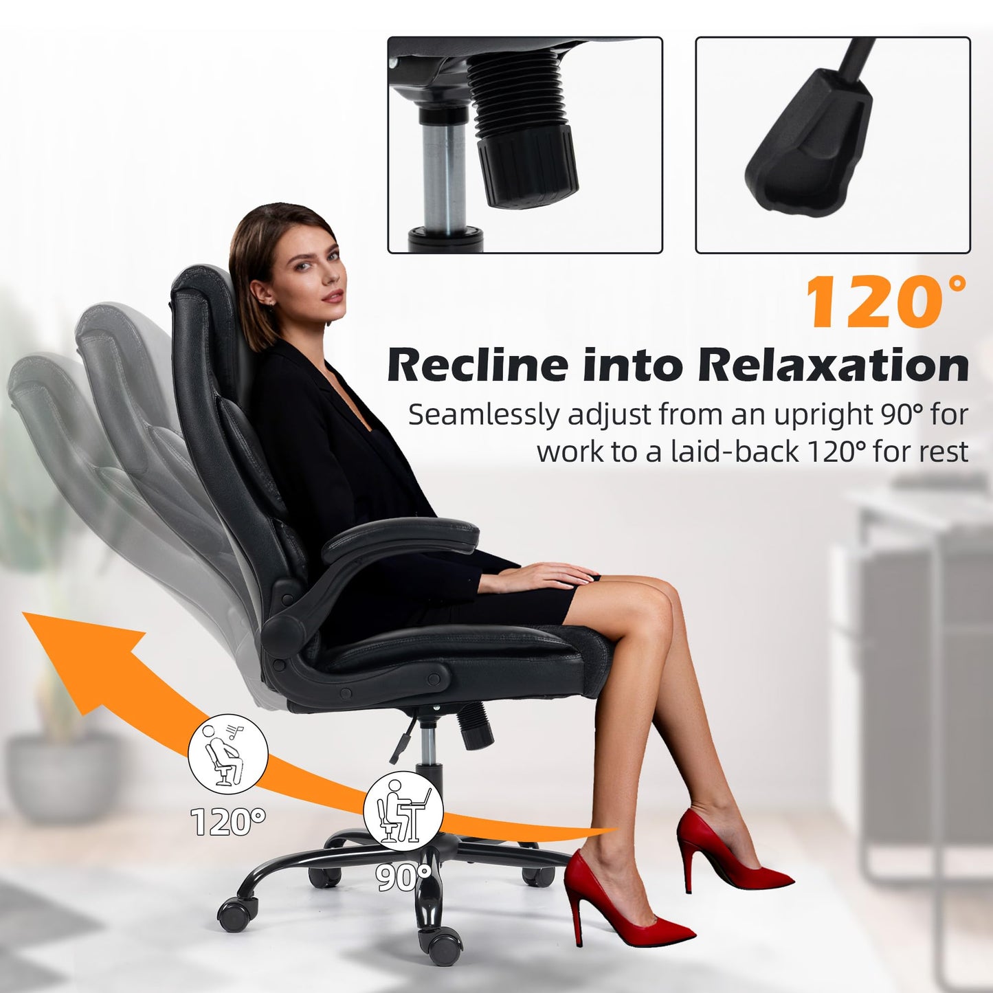 Office Chair - Ergonomic High Back Computer Desk Chair with Rocking Function & Lumbar Support - Executive Comfortable Wide Swivel Rolling Office Leather Chair with Flip-up Armrests for Home Gaming