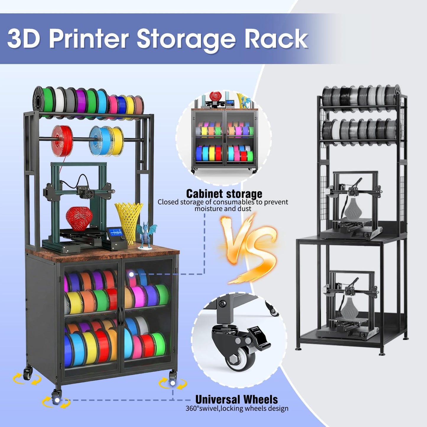 MASHELLY 3D Printer Stand with Filament Storage,3D Printing Filament Organizing Table, with Wheels and Storage Cabinet, Heavy-Duty 3D Printer Workbench for Studios and Offices, Black