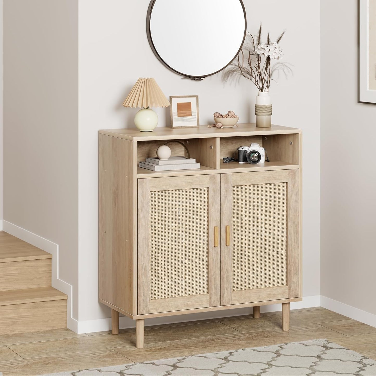 Garvee 2PCS 36" Modern Rattan Sideboard Cabinet - 2-Door Storage Buffet with Shelf, Boho TV Stand & Coffee Bar for Dining Room, Kitchen & Entryway
