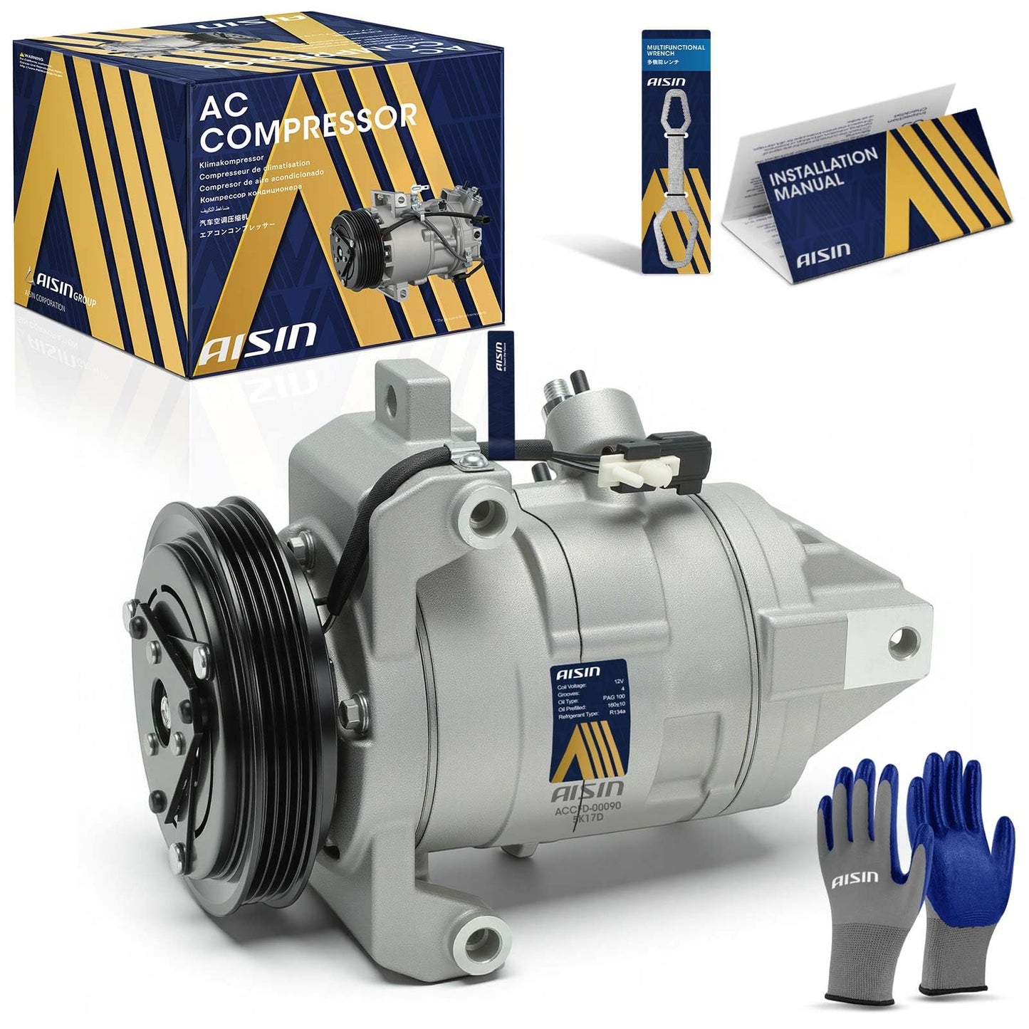 AISIN AFTERMARKET ACCFD-00090 Air Conditioner AC Compressor - Compatible with Ford Mustang 2011-2014 3.7L - with 4-Pulley Groove, with Clutch