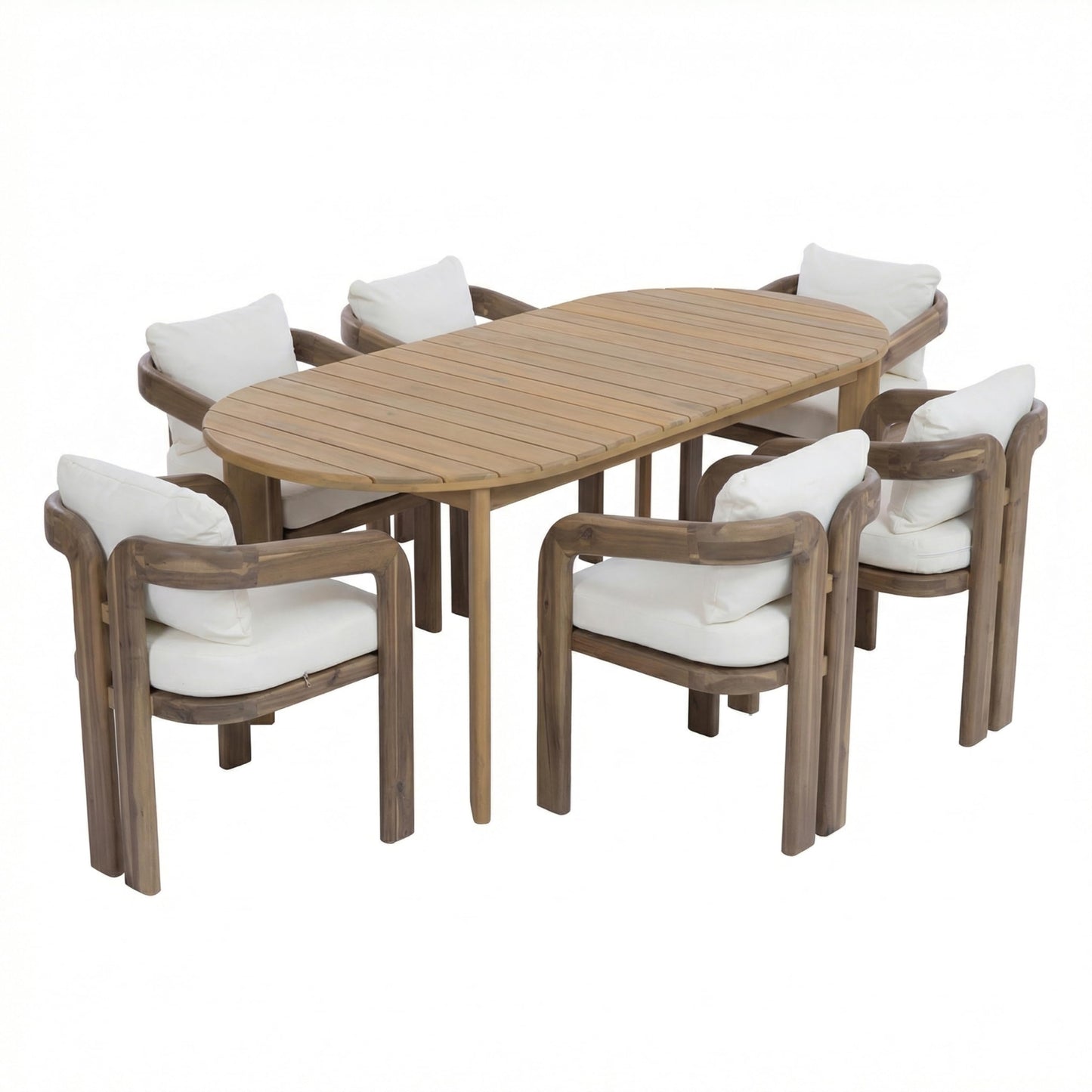 Merax Patio Outdoor Acacia Wood 7 Piece Dinning Set- 70 Inch Large Oval Outdoor Dining Table, 6 Pcs Dining Chairs with Cushions for Backyard, Lawn, Balcony, Light Teak + Natural