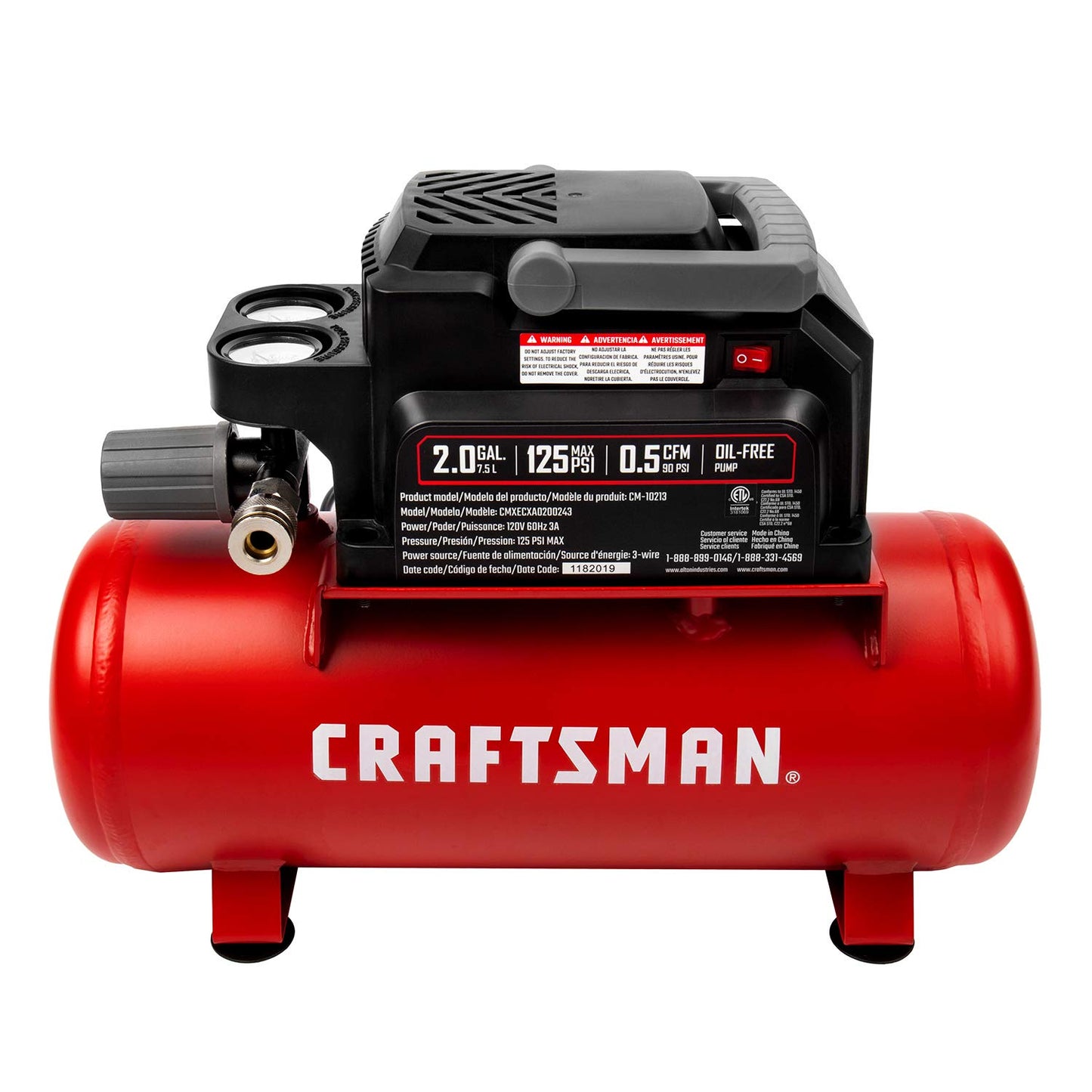 Craftsman Air Tools, 2 Gallon Portable Air Compressor 1/3 HP Oil-Free Max 125 PSI Pressure, Hot Dog, Model: CMXECXA0200243