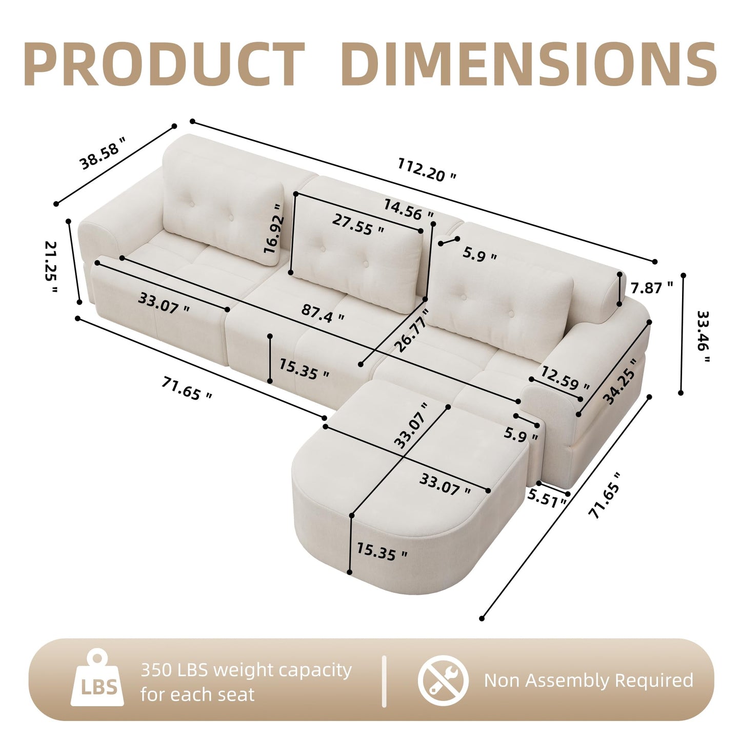 112" Compressed Boneless Sectional Sofa with Movable Ottoman Convertible L Shaped Modular Corner Couch for Living Room - Oversized Cloud Couches W/Tufted Cushions and Deep Seat