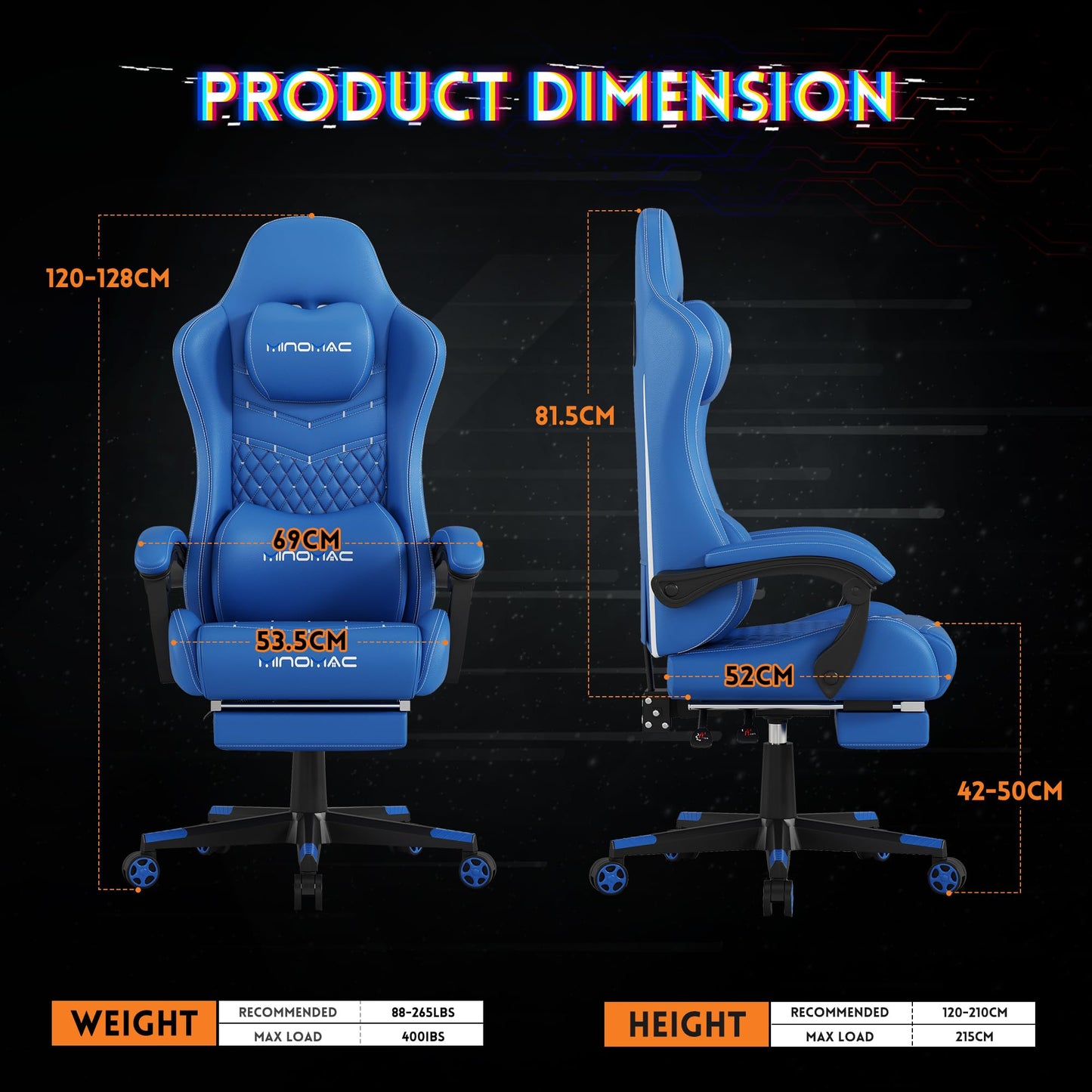 MINOMAC Gaming Chair, 400 lbs Adult Chair, High Back Computer Chair with Footrest and Linked Armrests, Office Video Game Chair with Lumbar Support (Blue)