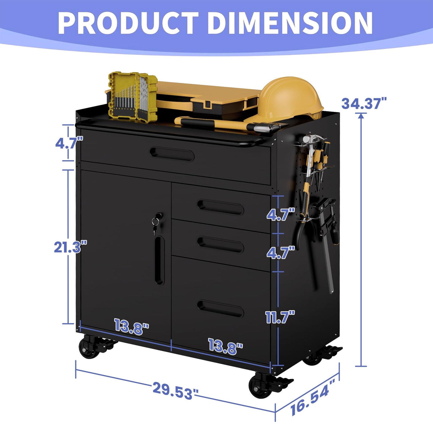EKJ Metal Garage Storage Cabinet on Wheels, Lockable Rolling Tool Cabinet with Doors and 4 Drawers, Heavy Duty Mobile Steel Cabinet for Garage Warehouse Workshop