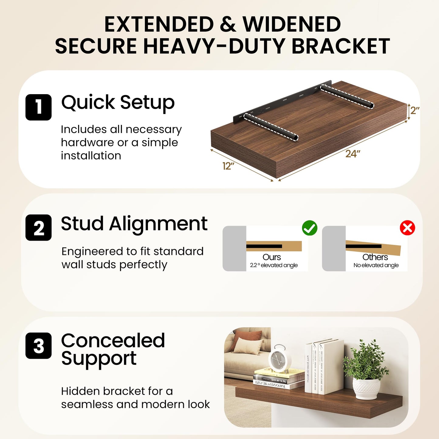 Fun Memories 72 Inch Floating Shelves, 12 Inch Deep Wall Shelf for Fireplace Mantel, Deep Storage Shelves for Home & Office, Long Floating Shelf with Invisible Bracket, Walnut, Set of 2