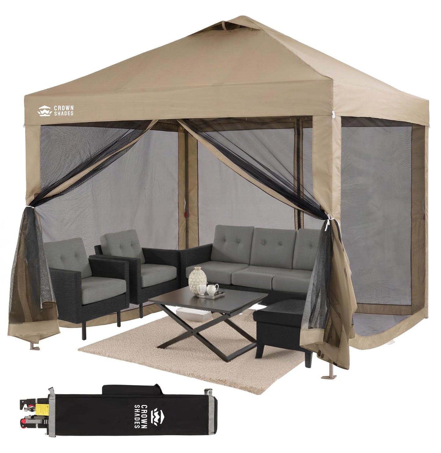 CROWN SHADES Gazebo 10x10 Pop Up Canopy with Mosquito Netting, Screen Tent with 4 Ropes, 8 Stakes, 4 Sandbags and Wheeled Storage Bag, Canopy for Patio & Backyard Parties,Camping&Events -(Beige)