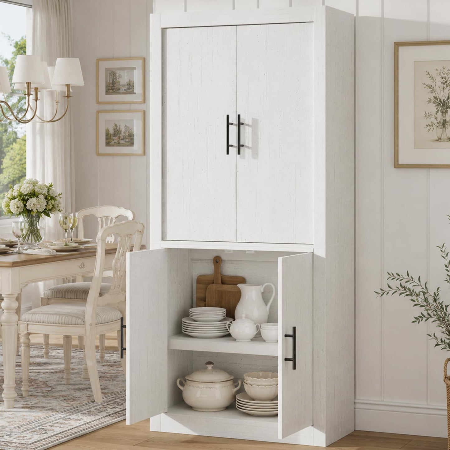 Garvee 70.4" Farmhouse Kitchen Pantry Cabinet with Doors and Adjustable Shelves, Avoids Dust, Tall Freestanding Storage Cabinet for Kitchen, Microwave Stand & Dining Room Organization, Rustic White