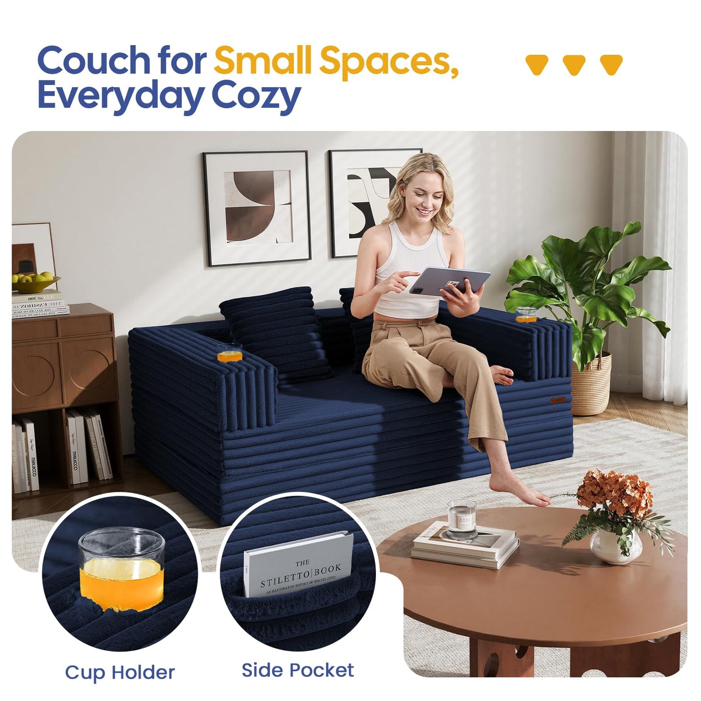 COMAX Futon Sofa Bed, 4‑in‑1 Convertible Sofa Bed, Boneless Couches for Living Room, Fold Out Small Foldable Loveseat Space‑Saving, Classic Navy