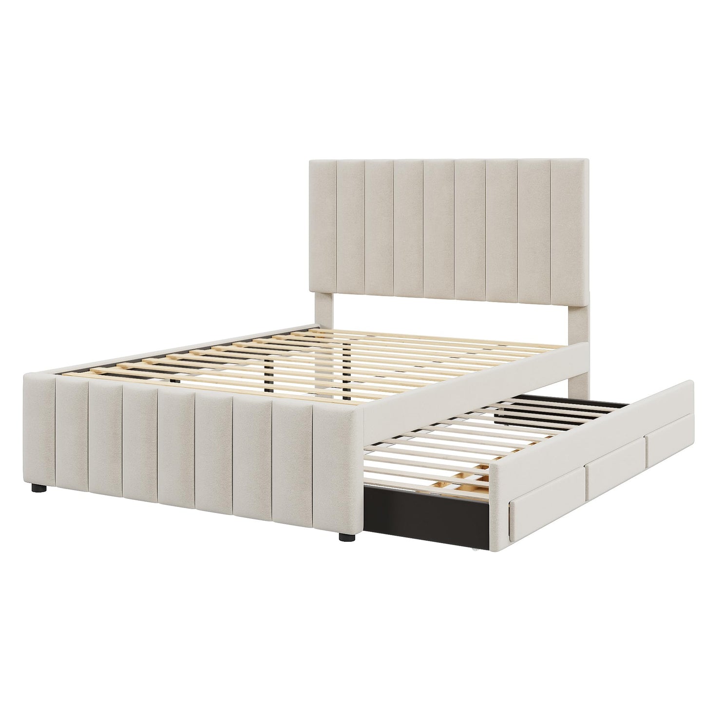 Merax Full Size Bed Frame with Trundle and 3 Storage Drawers, Elegant Linen Upholstered Platform Bed with Stripe Headboard for Bedroom, Small Spaces, No Box Spring Needed, Easy Assembly, Beige