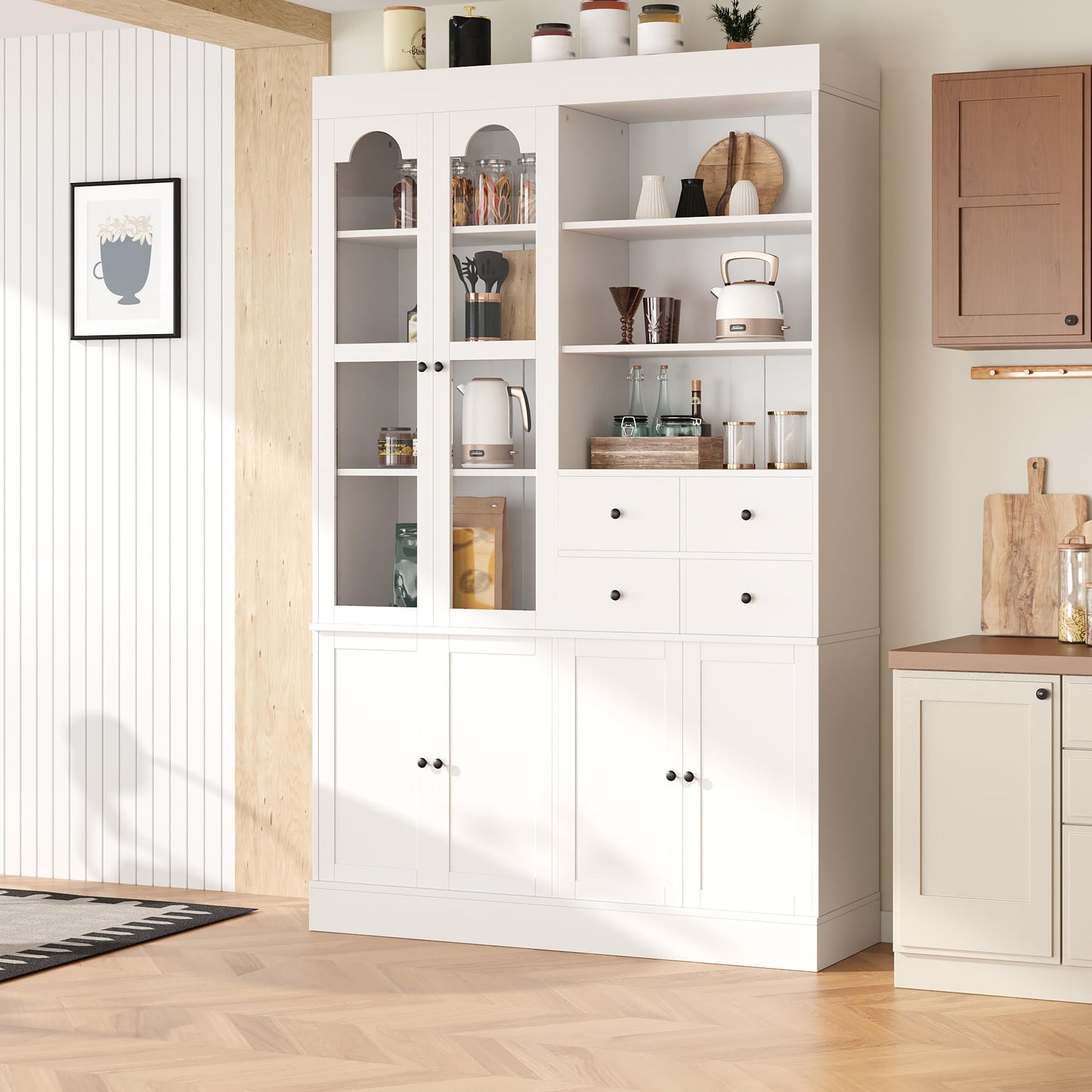 Merax Wood Kitchen Pantry with 4 Drawers, 3 Cabinets and Hutch, Tall Cupboard Dining Storage Cabinet with Door Shelves and Pull-Out Trays for Living Room, Kitchen, Dining Room White