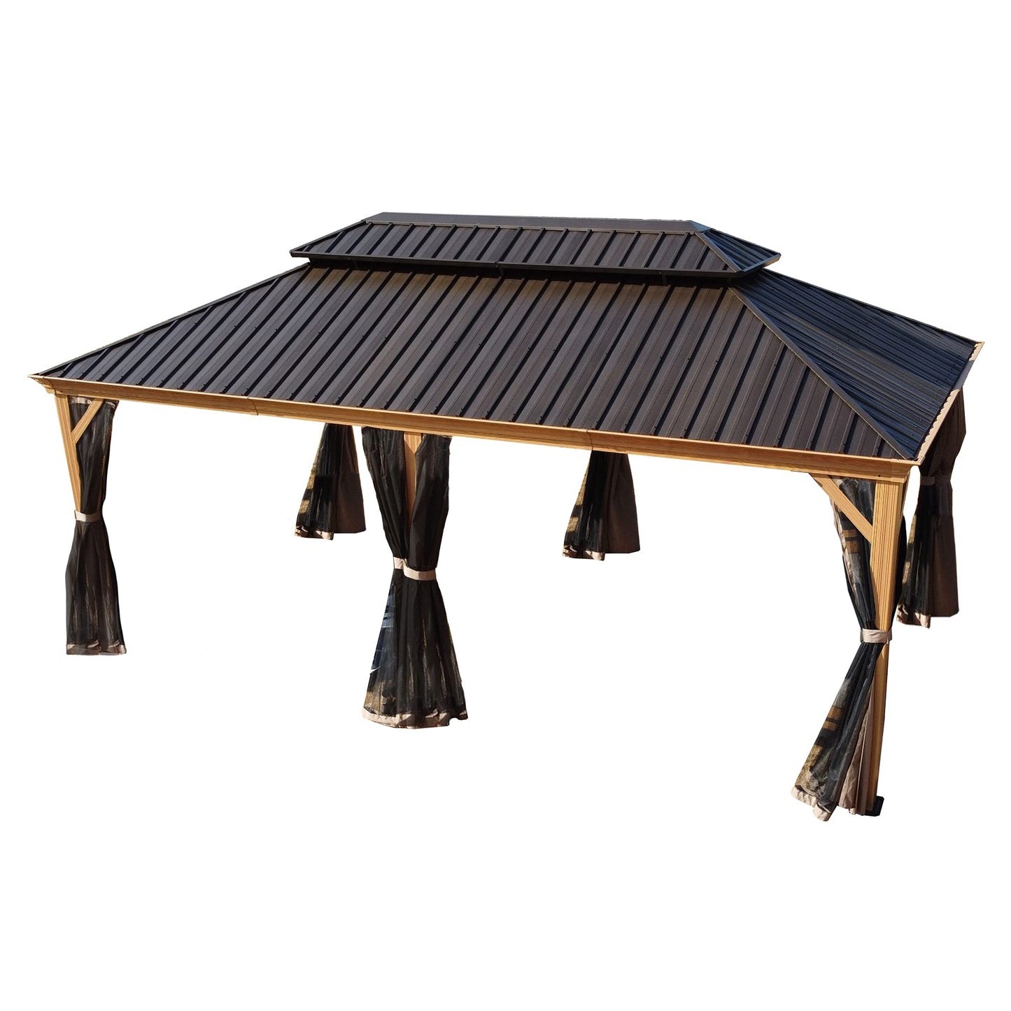 Kozyard Apollo 12’x20’ Hardtop Gazebo, Wooden Coated Aluminum Frame Canopy with Galvanized Steel Double Roof, Outdoor Permanent Metal Pavilion with Netting for Patio, Lawn