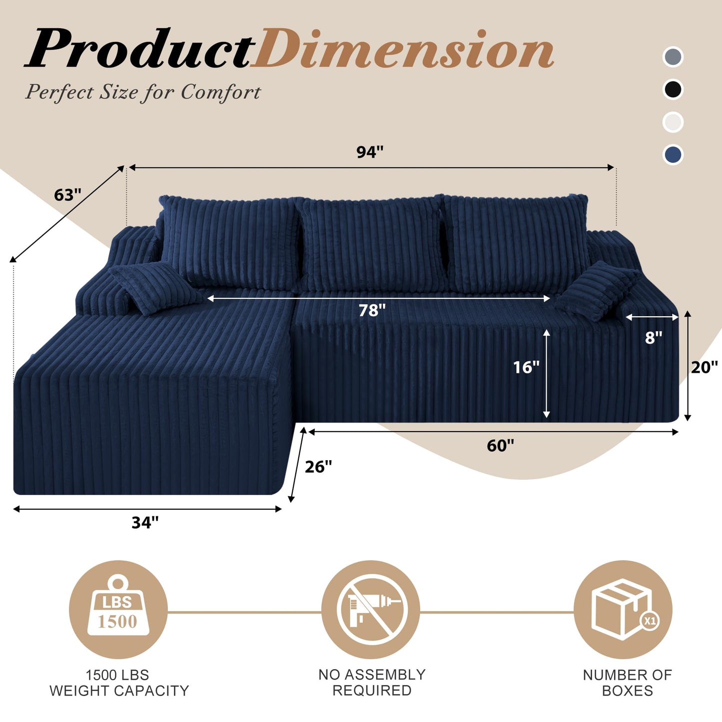 HABUTWAY 94" L-Shape Modular Sectional Sofa Couch for Living Room, No Assembly Required, Boneless Couch with Deep Seat for Living Room Bedroom, No Assembly Required (Bule,Left)