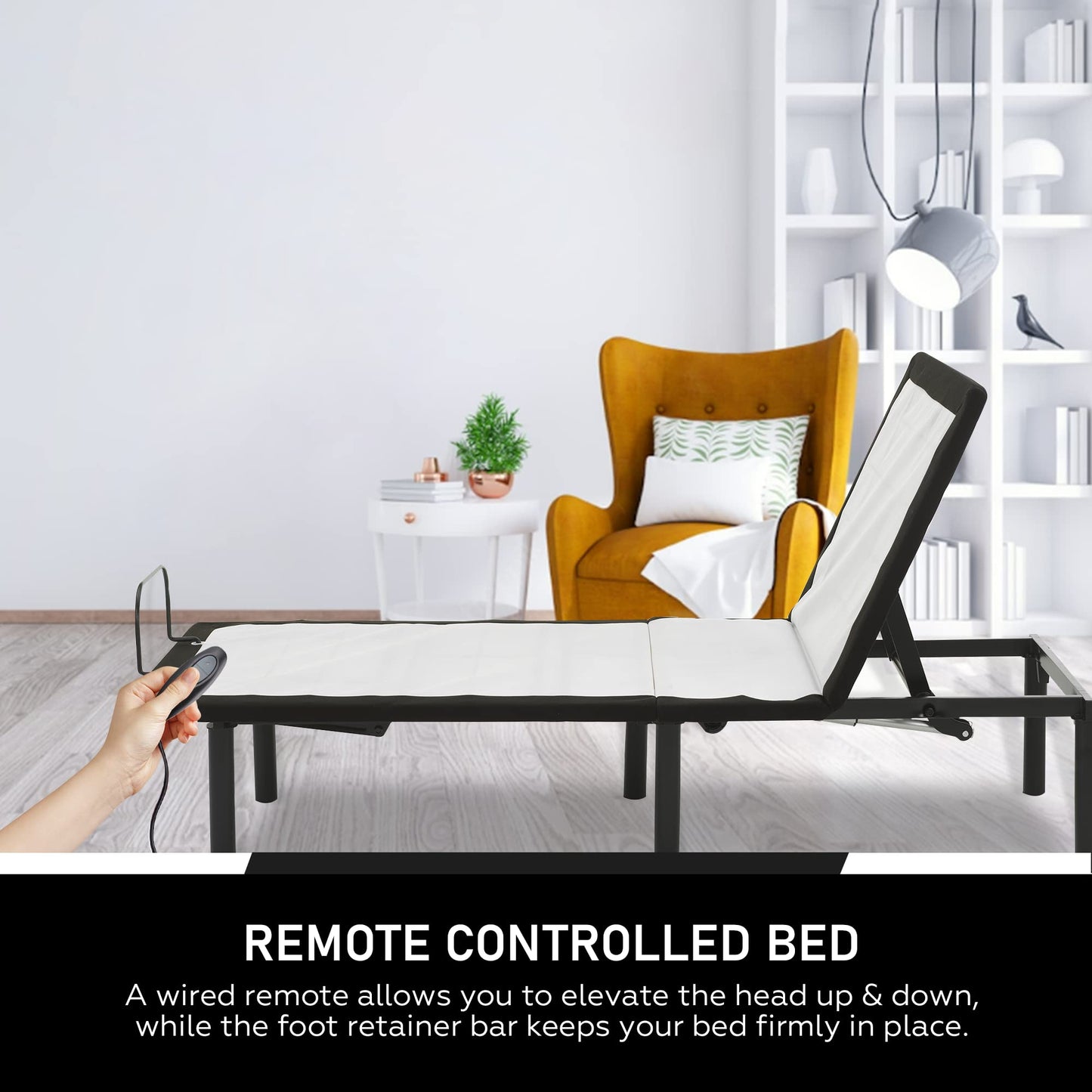 Greaton 15-inch Adjustable Bed Frame with Decorative Fabrics | Head Inclining with Wired Remote, Protective Foot Retainer Bar, 12-inch Patented Screw-In Durable Legs, Twin XL, White